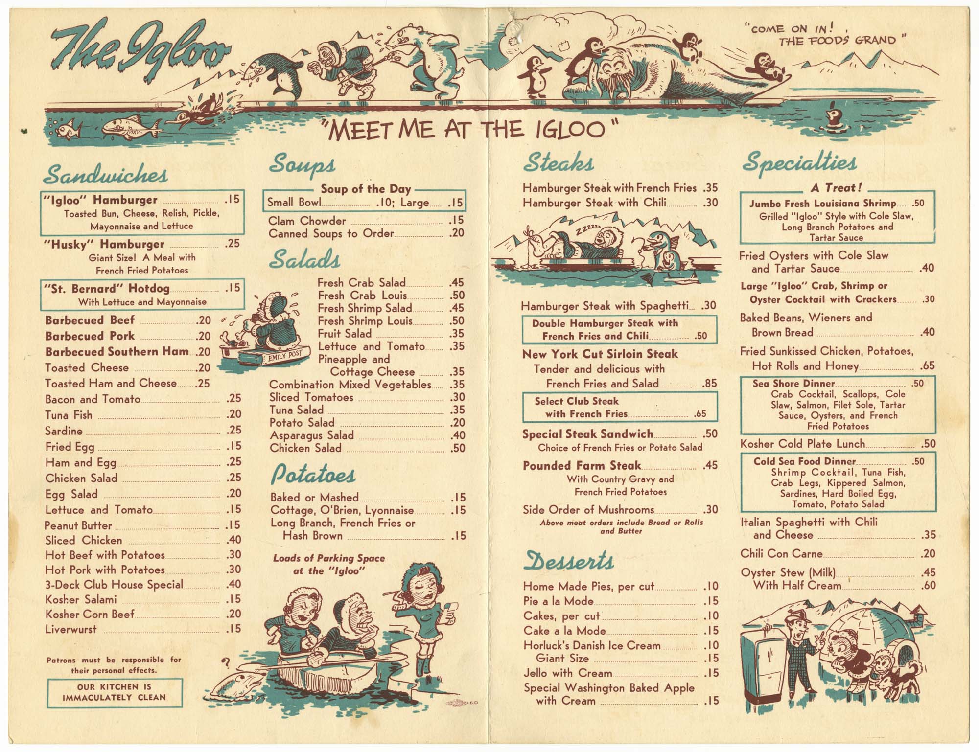Image of The Igloo menu, circa 1950