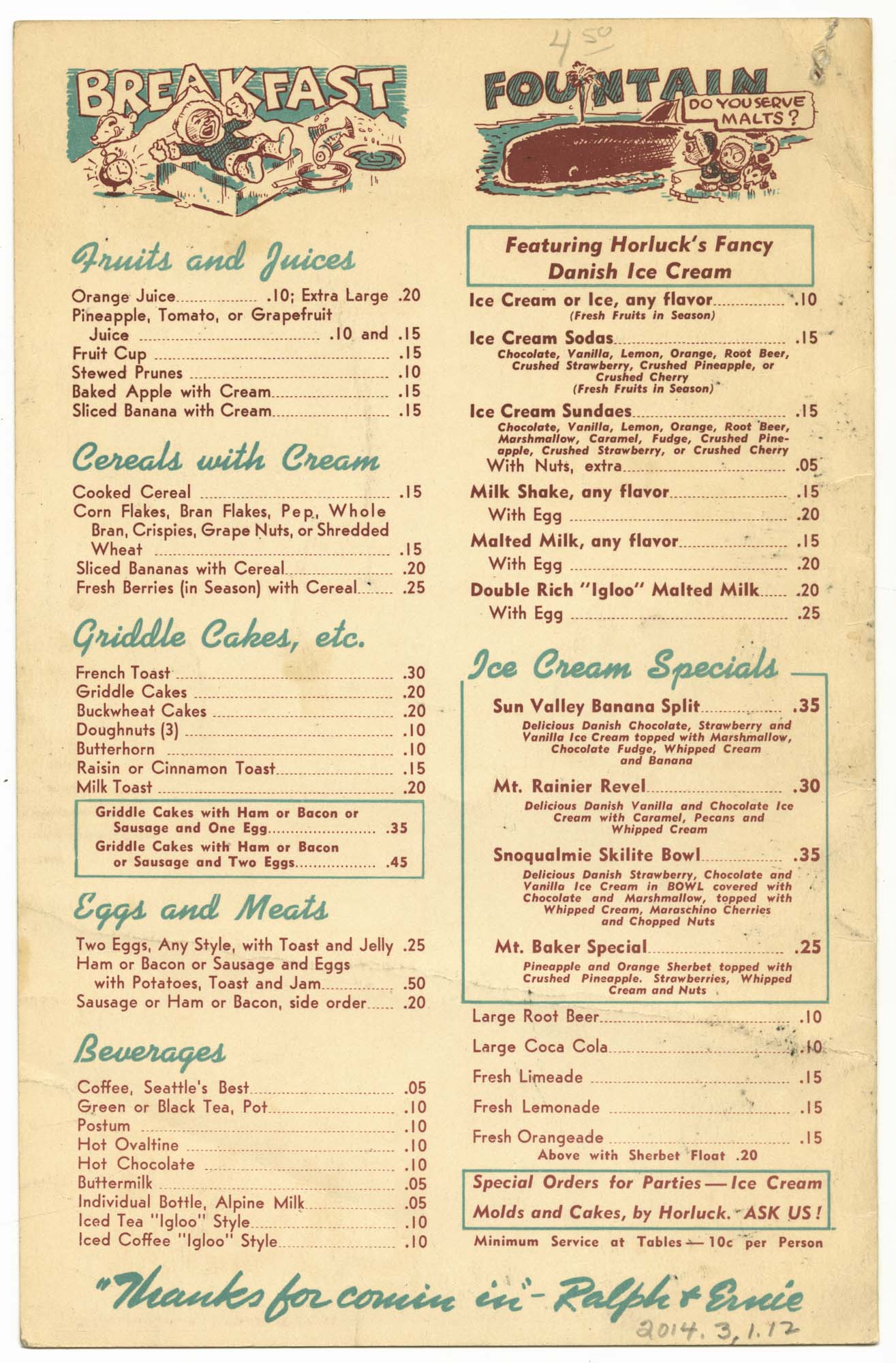Image of The Igloo menu, circa 1950