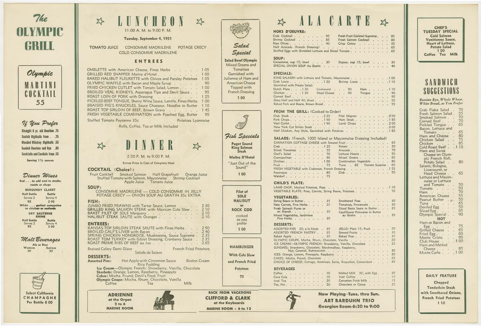 Image of The Olympic Hotel's Olympic Grill menu, 1951