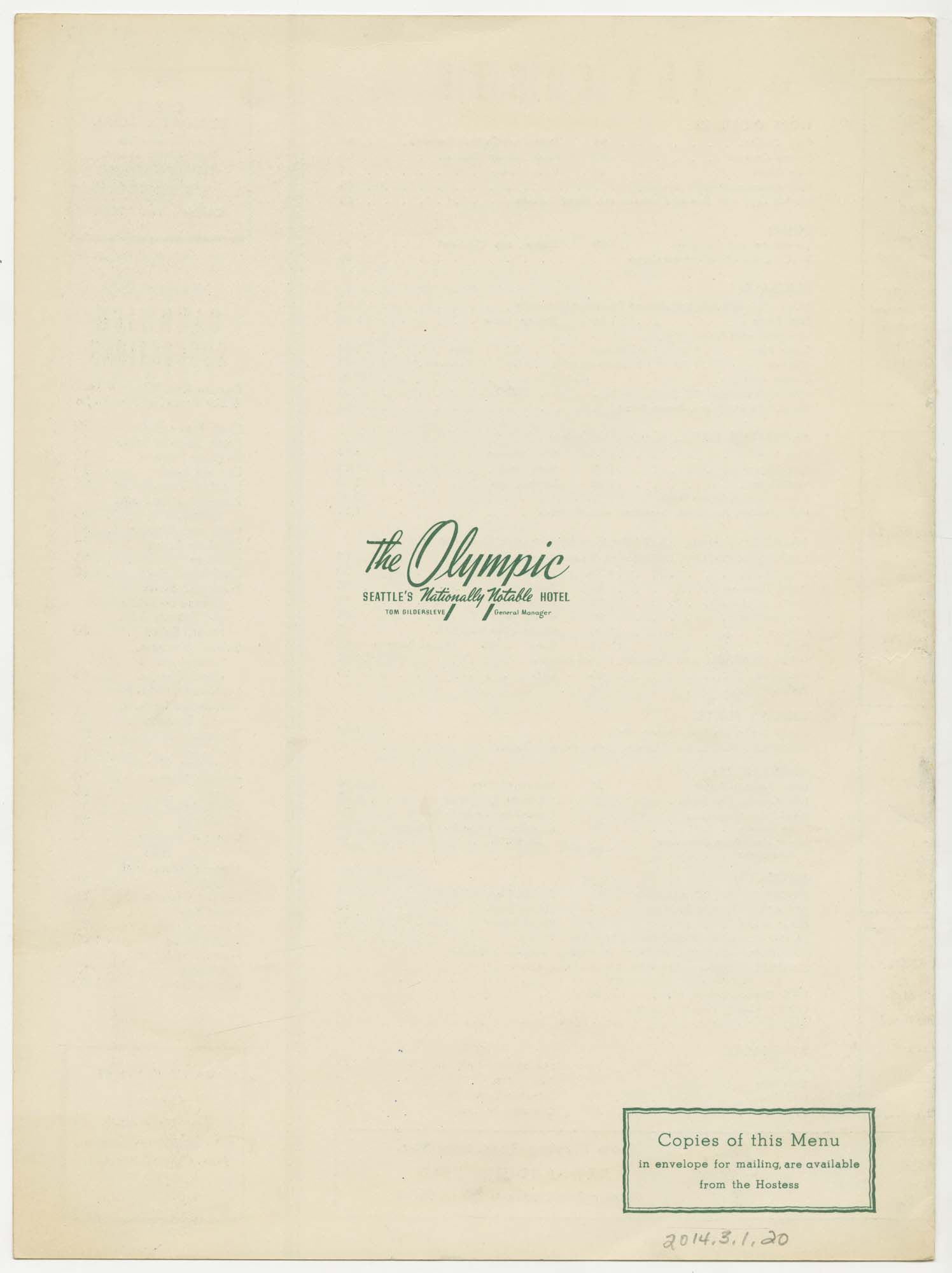 Image of The Olympic Hotel's Olympic Grill menu, 1951