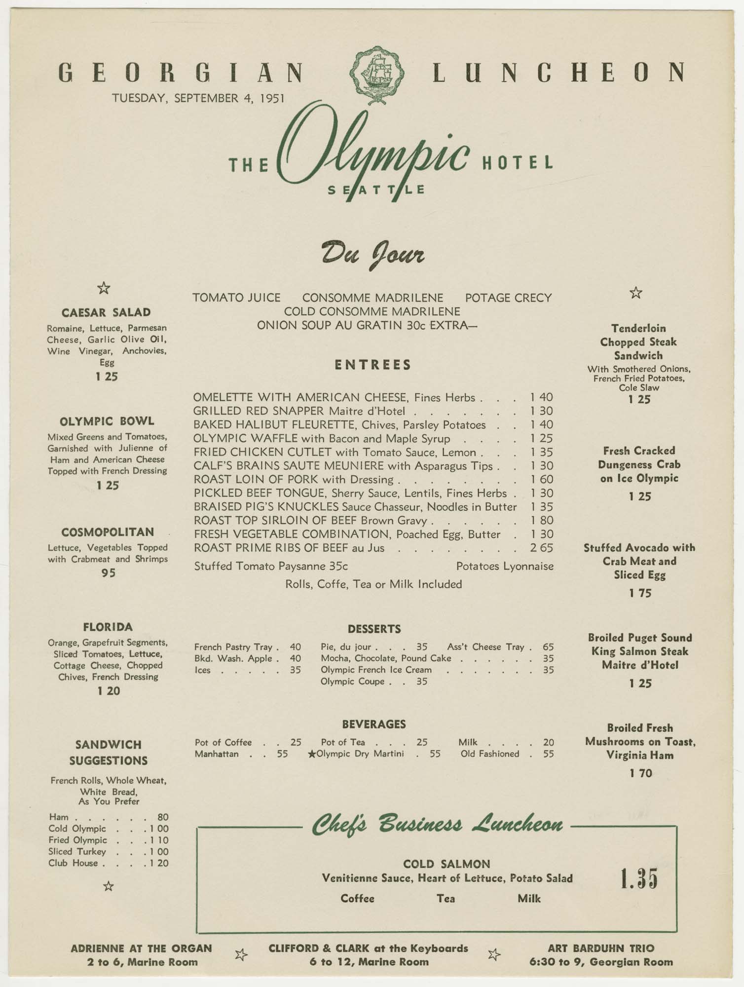 Image of The Olympic Hotel's Olympic Grill menu, 1951