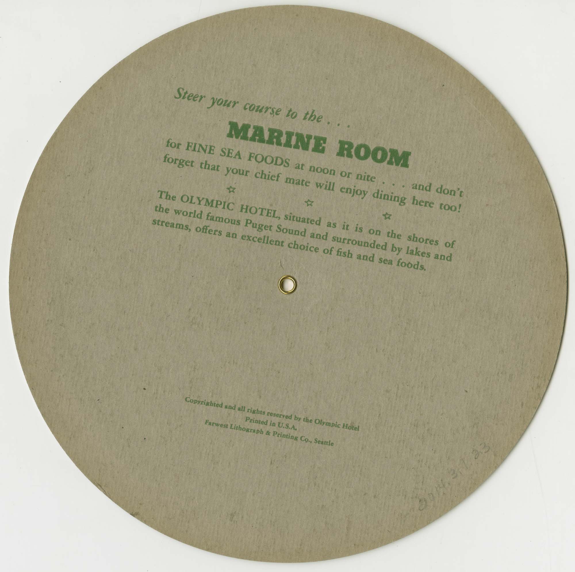 Image of The Olympic Hotel's Marine Room menu, circa 1945