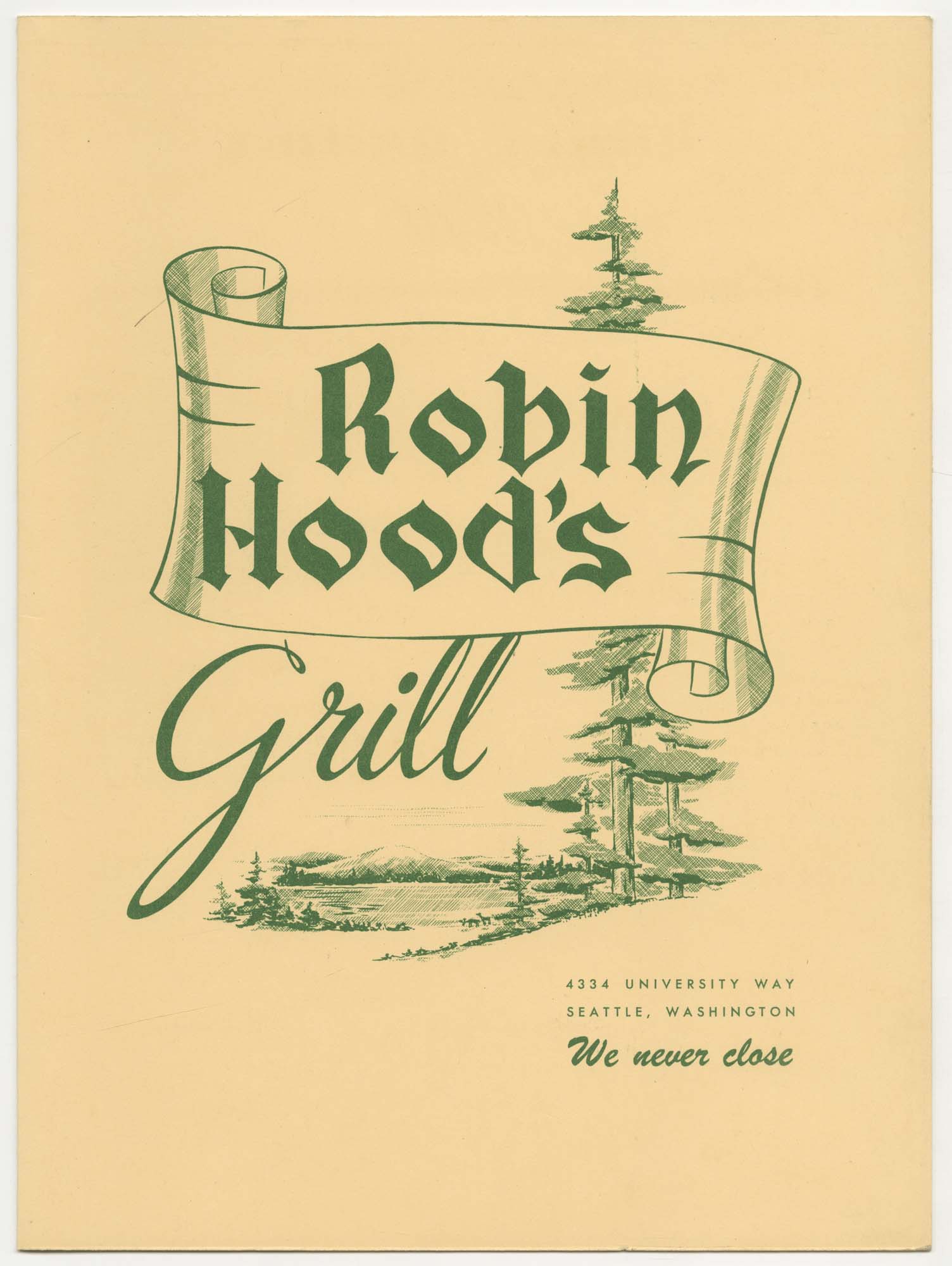 Image of Robin Hood's Grill menu, circa 1943
