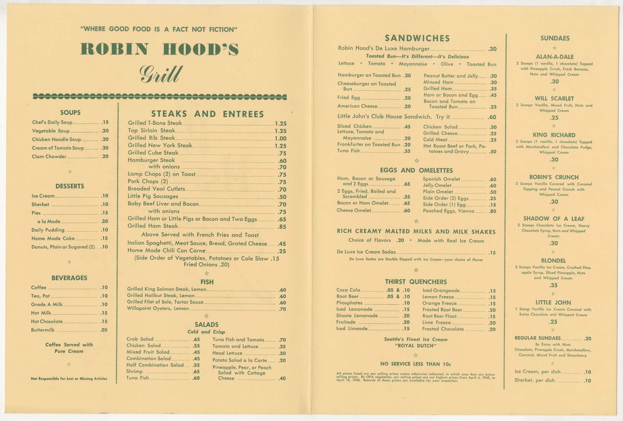 Image of Robin Hood's Grill menu, circa 1943
