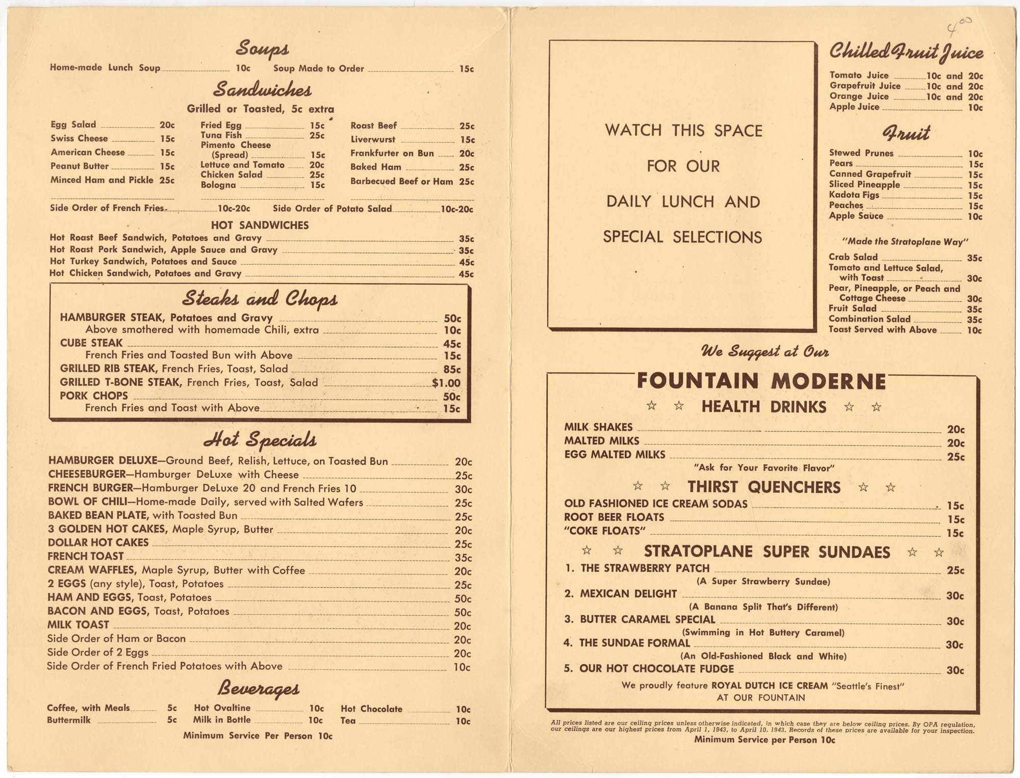 Image of Stratoplane Luncheonettes menu, 1943