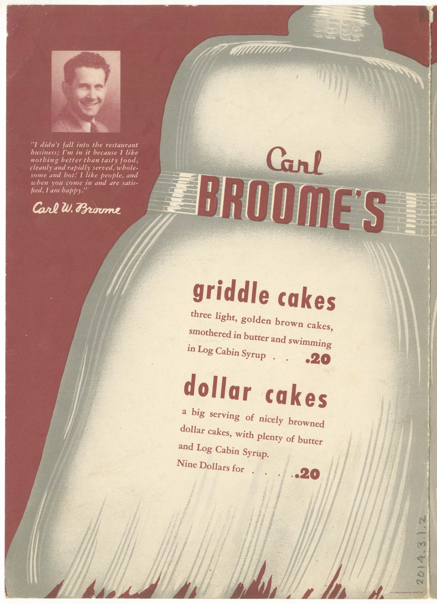 Image of Carl Broome's menu, circa 1955