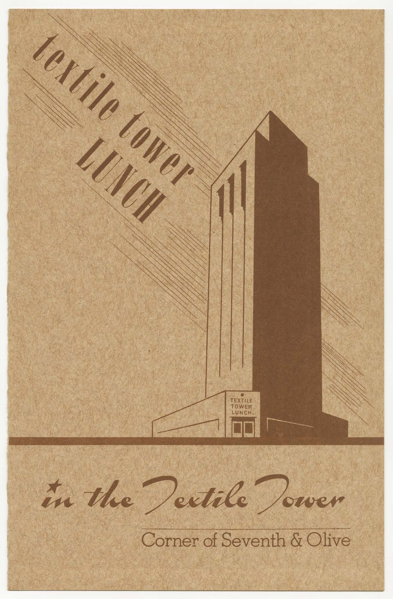 Image of Textile Tower lunch menu, circa 1945