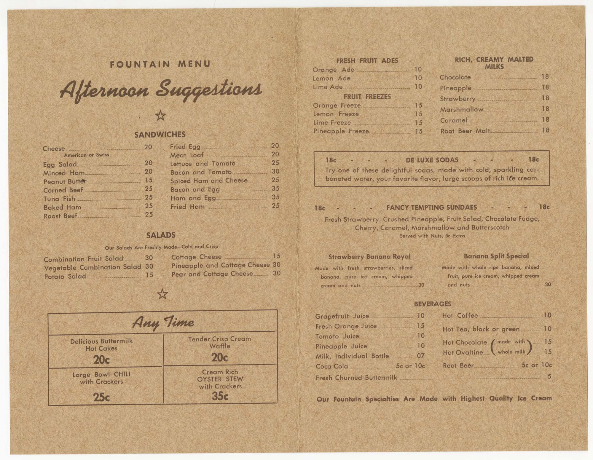 Image of Textile Tower lunch menu, circa 1945