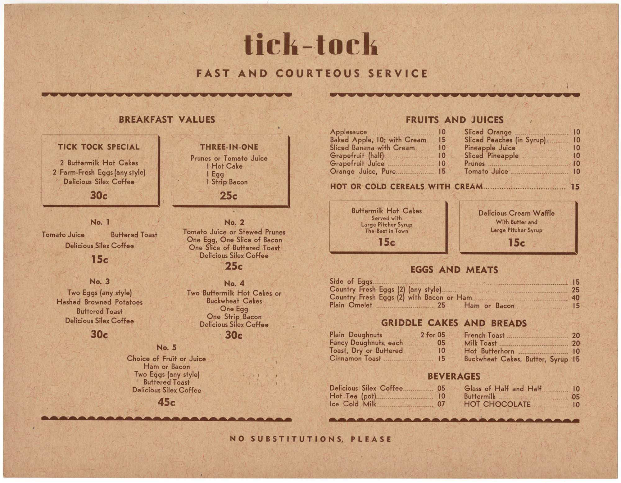 Image of The Tick Tock menu, circa 1942