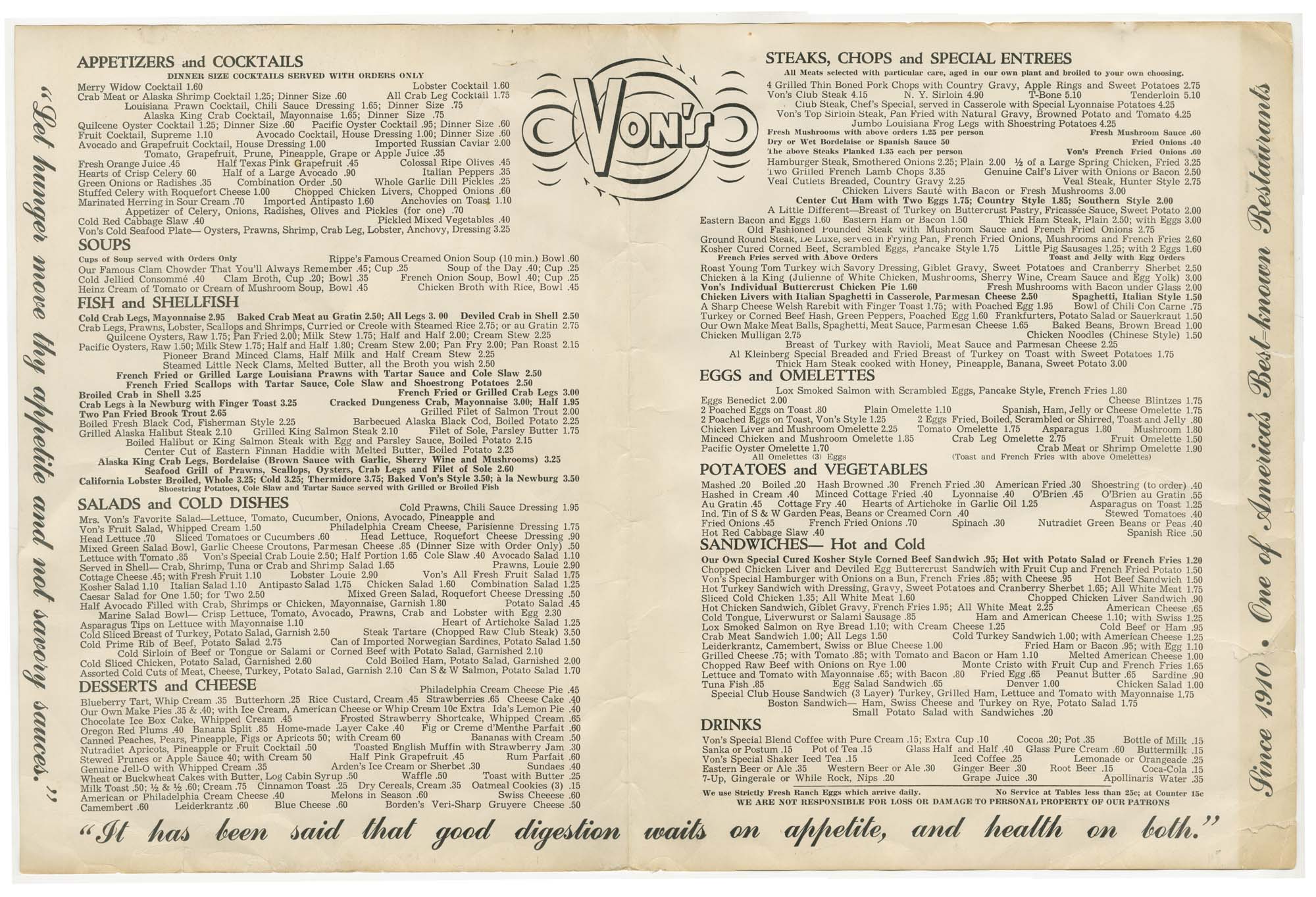 Image of Von's Cafe menu, August 21, 1956