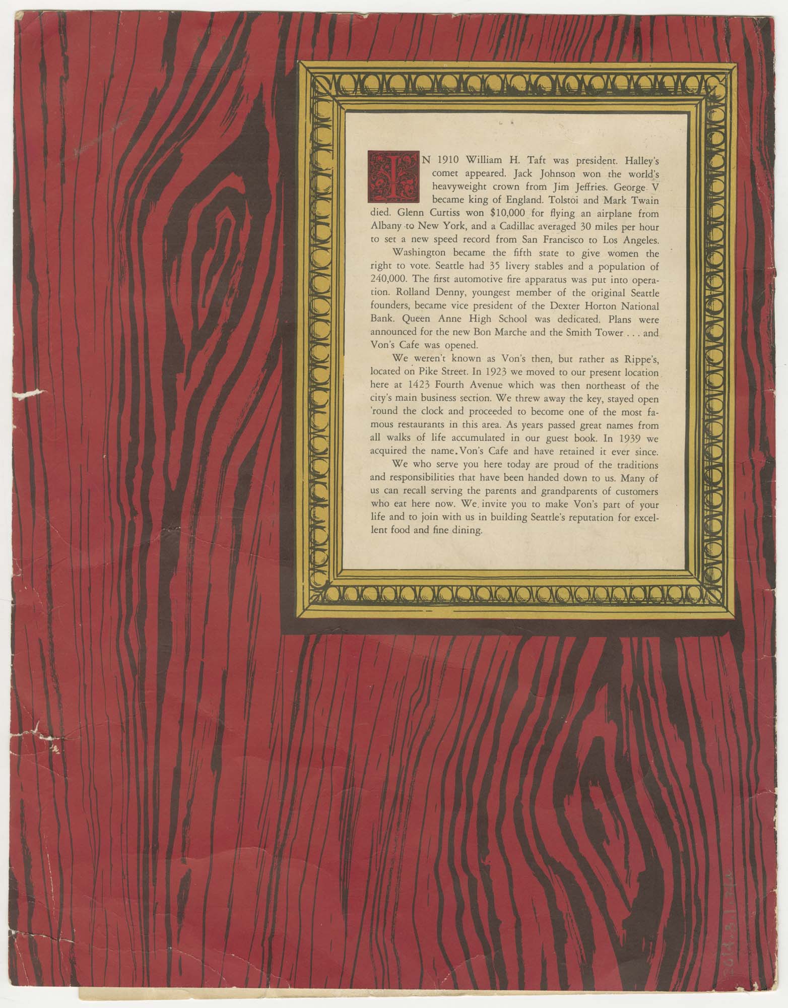 Image of Von's Cafe menu, August 21, 1956
