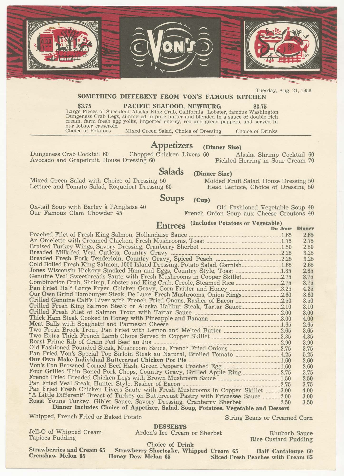 Image of Von's Cafe menu, August 21, 1956