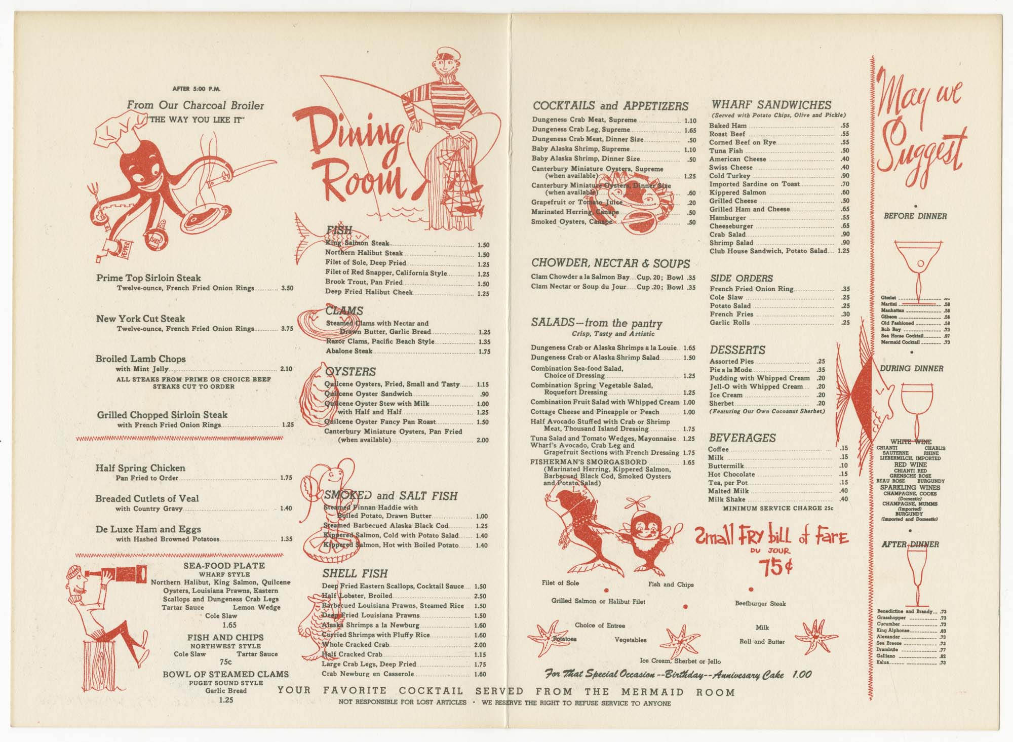 Image of The Wharf menu, circa 1958