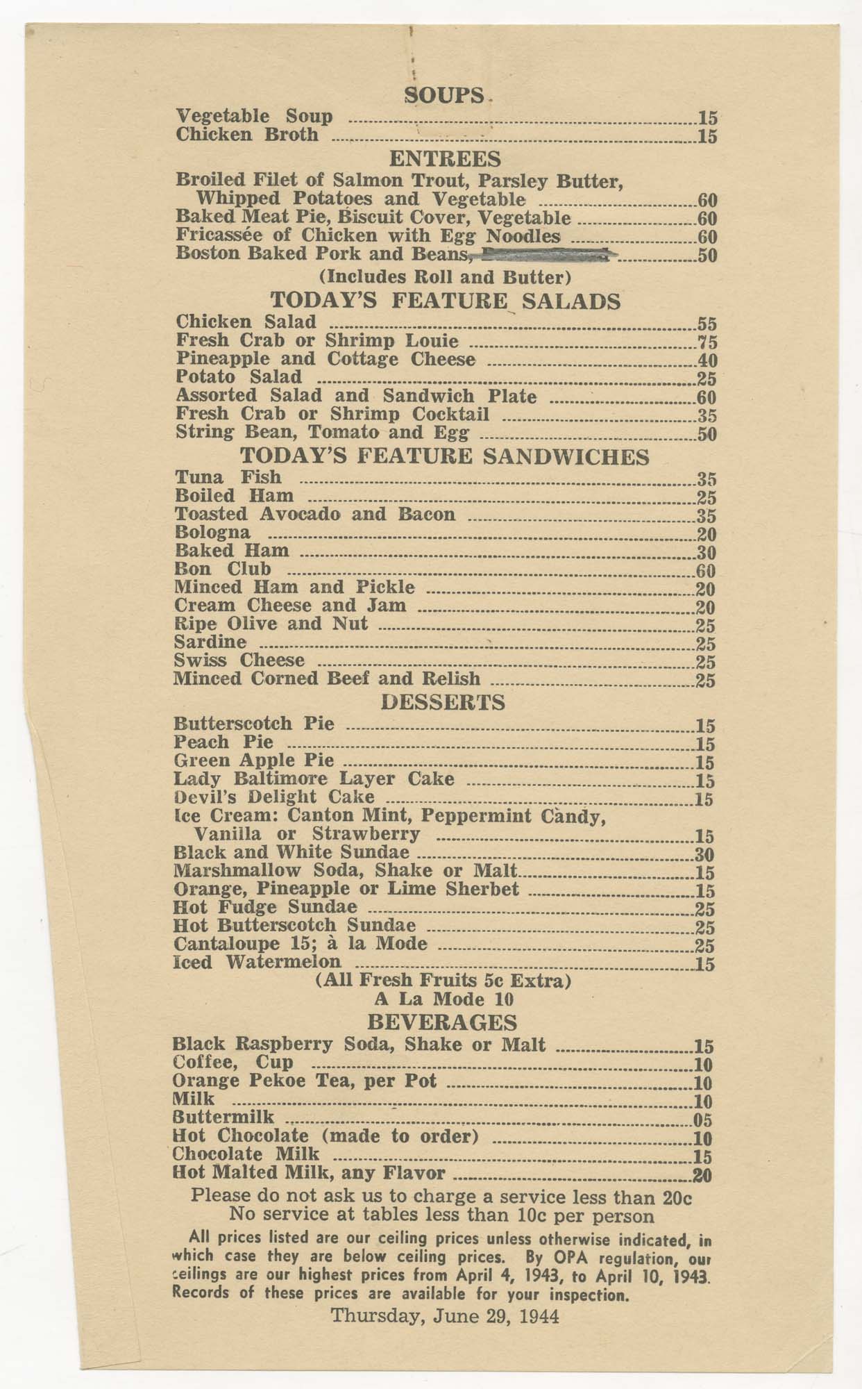 Image of The Bon Marché Soda Grill menu, June 29, 1944