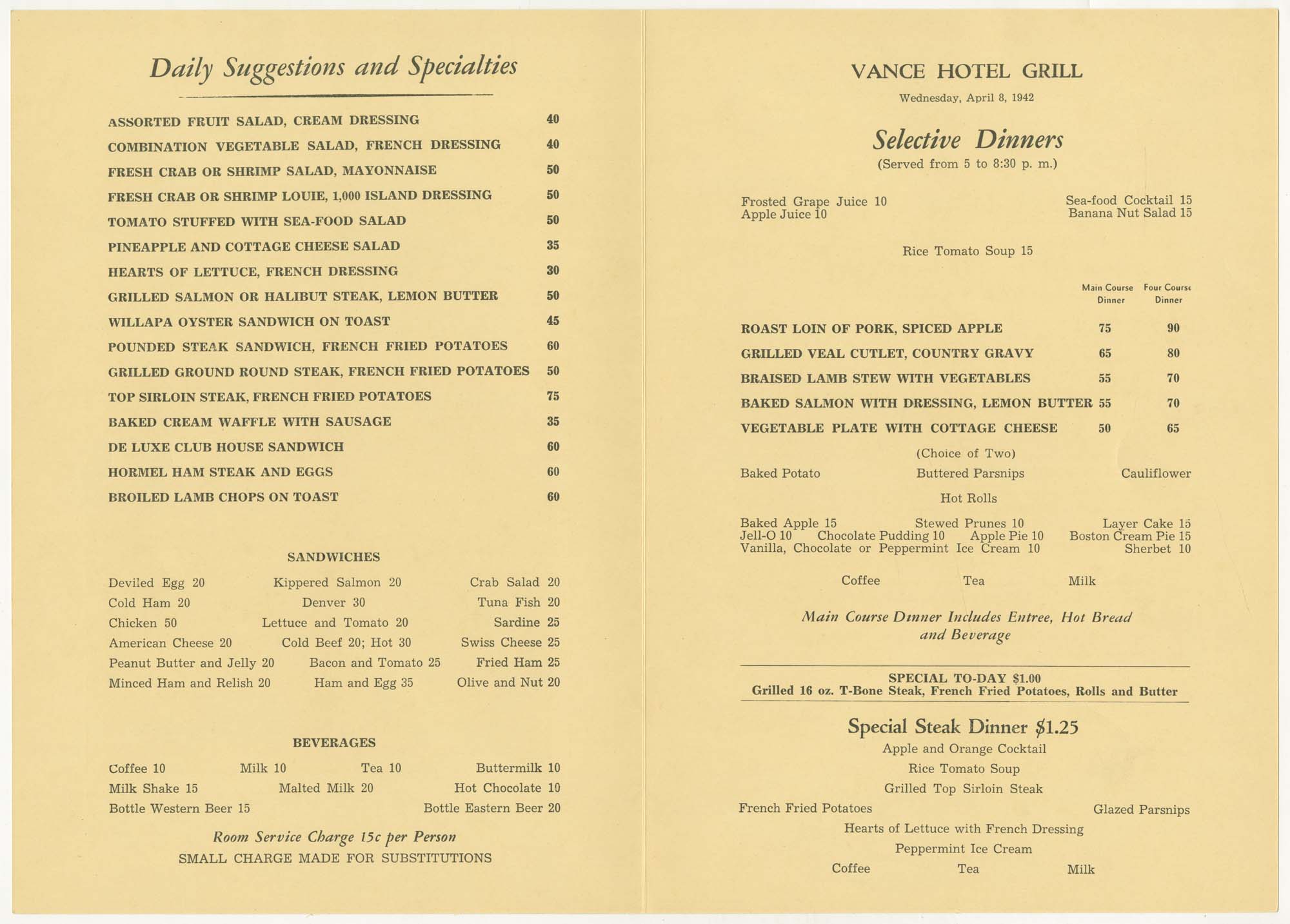 Image of Vance Hotel Grill menu, 1942
