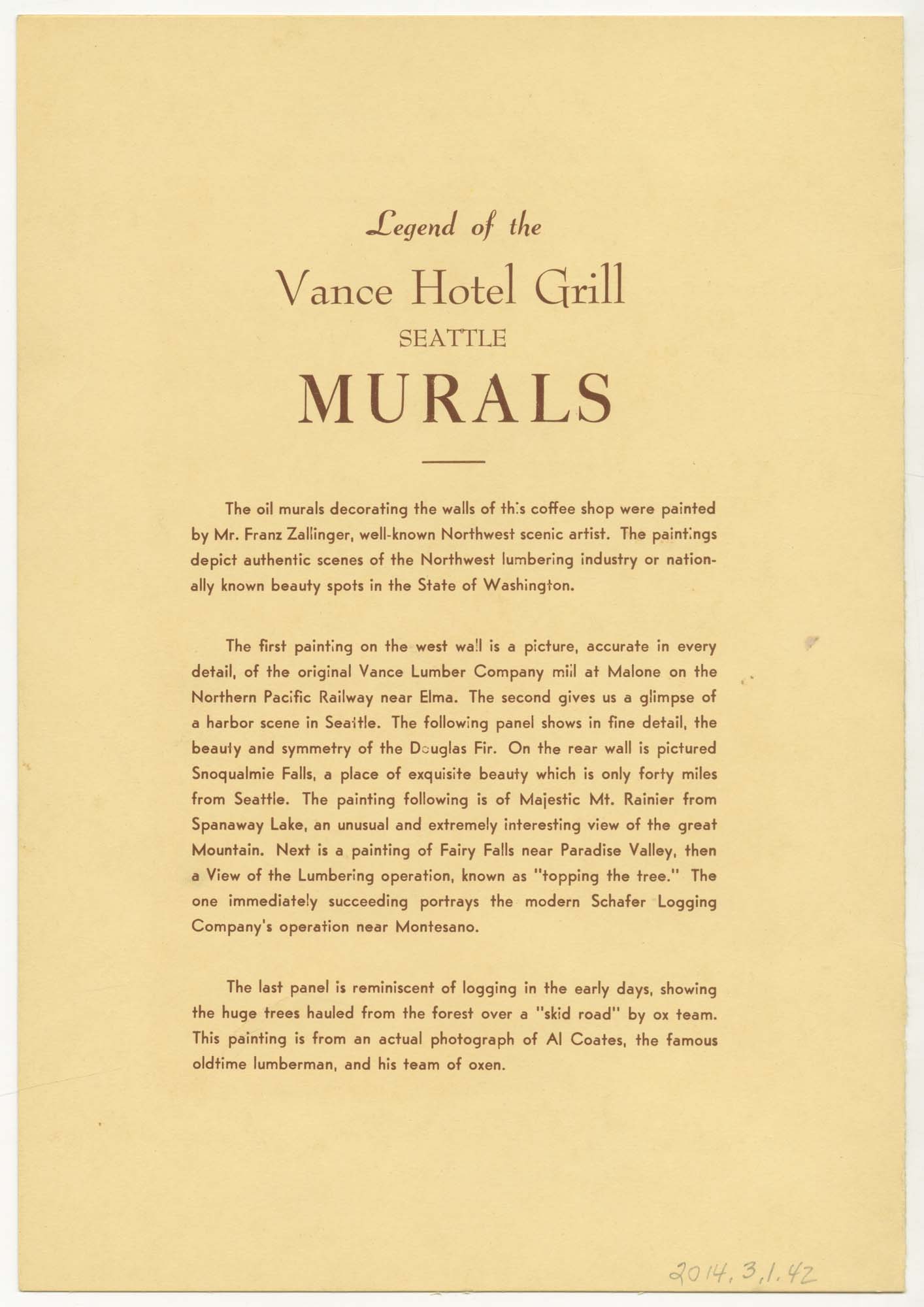 Image of Vance Hotel Grill menu, 1942