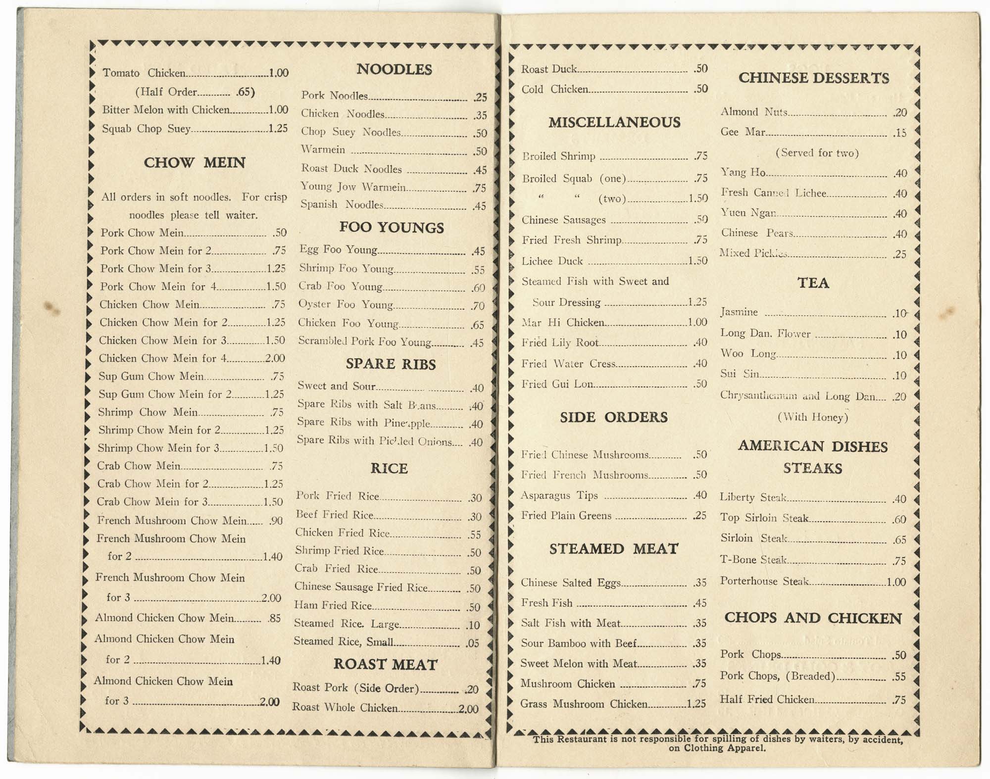 Image of King Fur Cafe menu, circa 1955