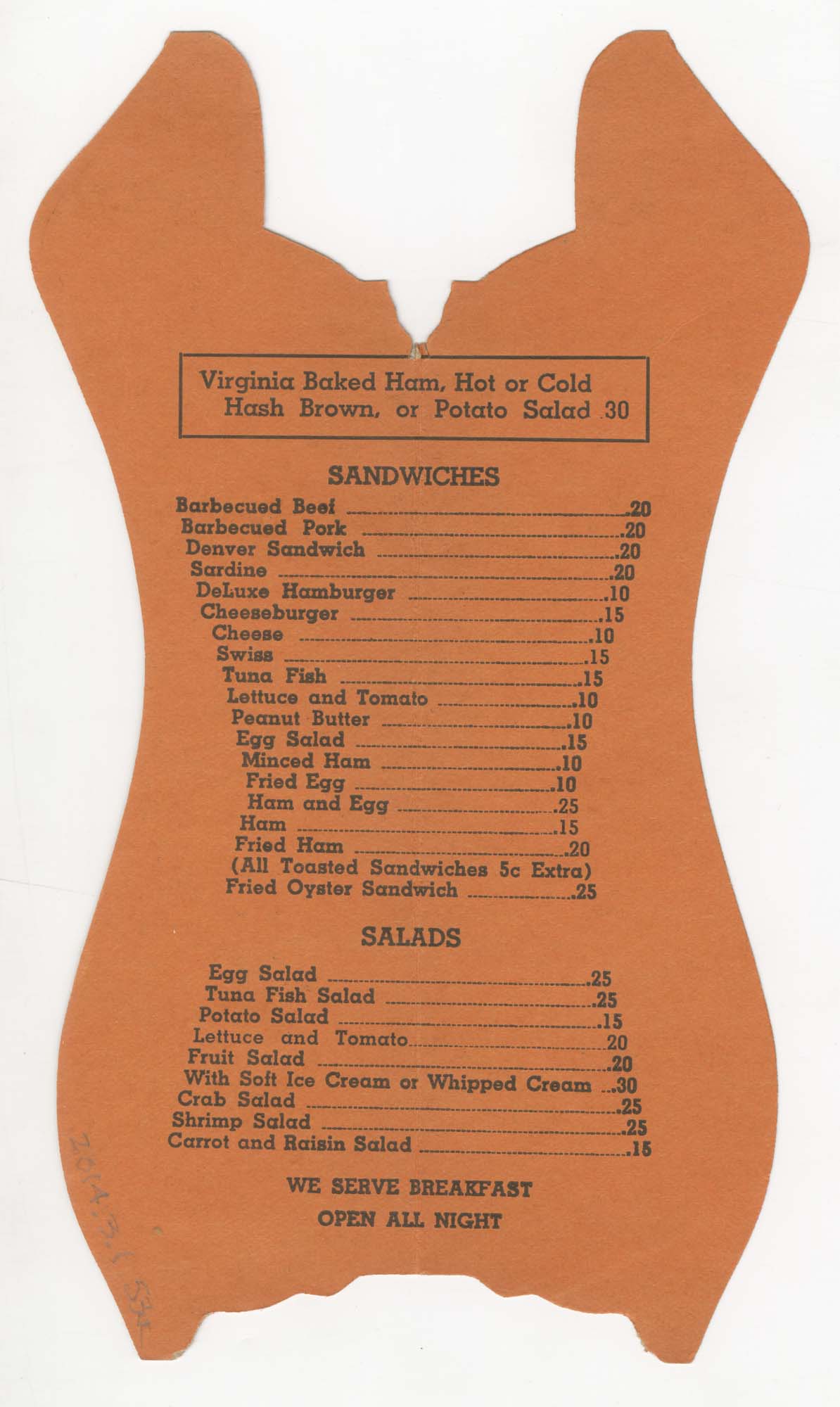 Image of The Blue Jay Inn menu, circa 1953