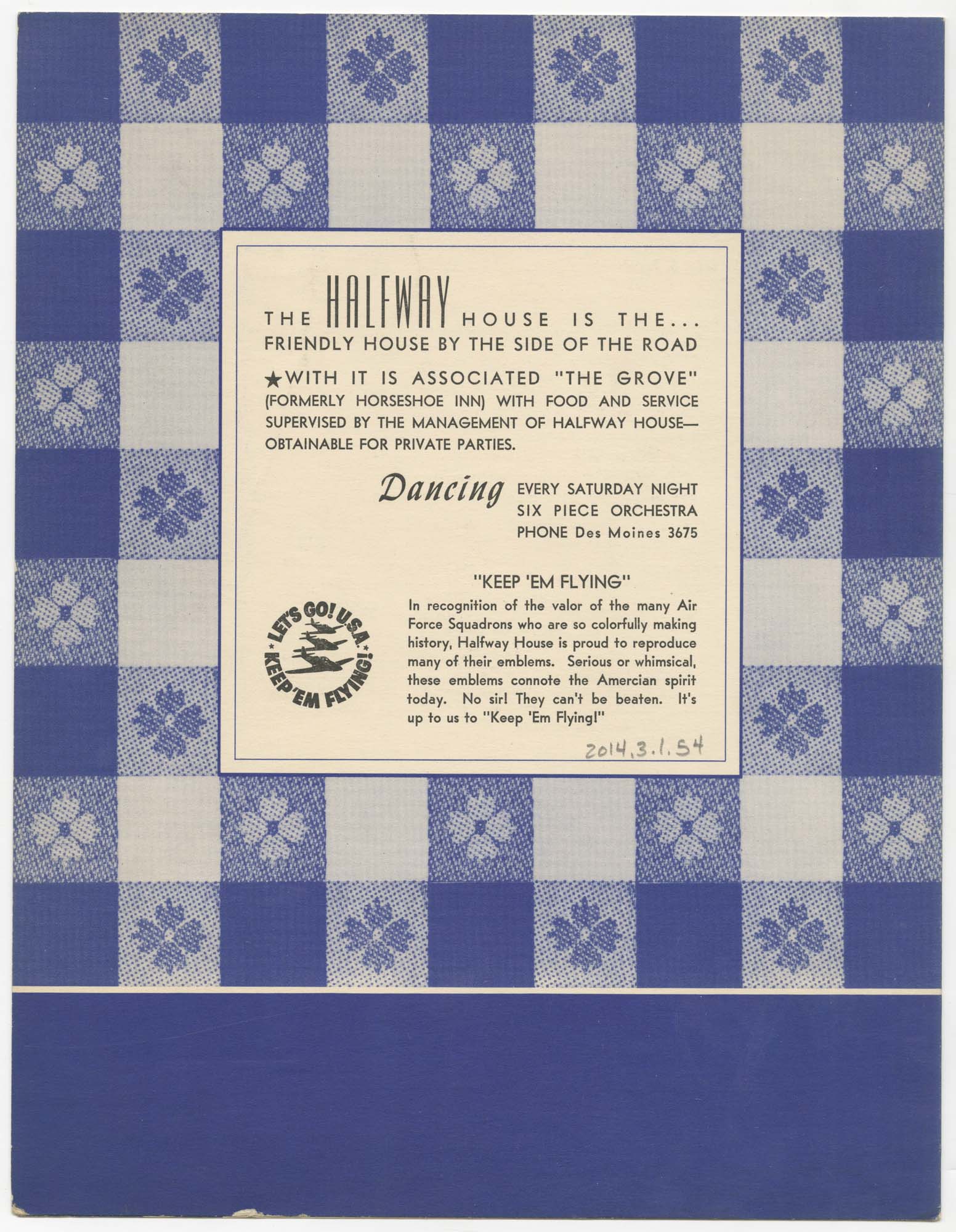 Image of The Halfway House menu, circa 1943