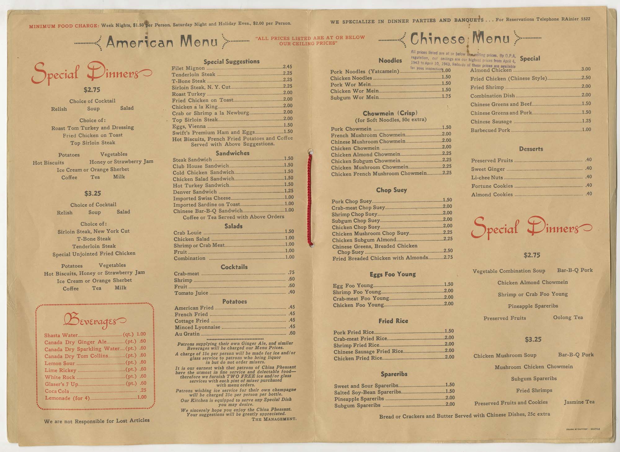 Image of China Pheasant menu, circa 1943