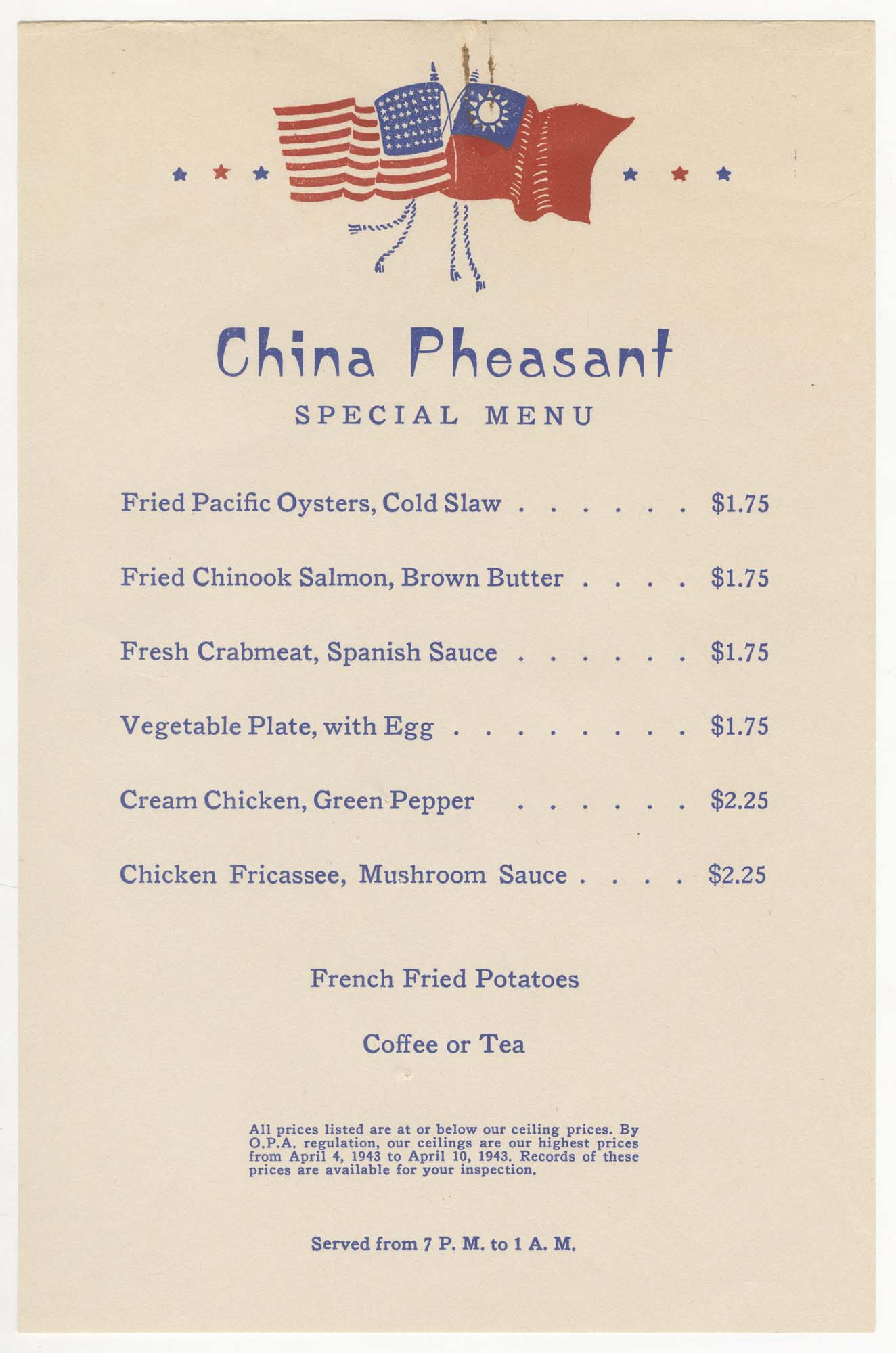 Image of China Pheasant menu, circa 1943