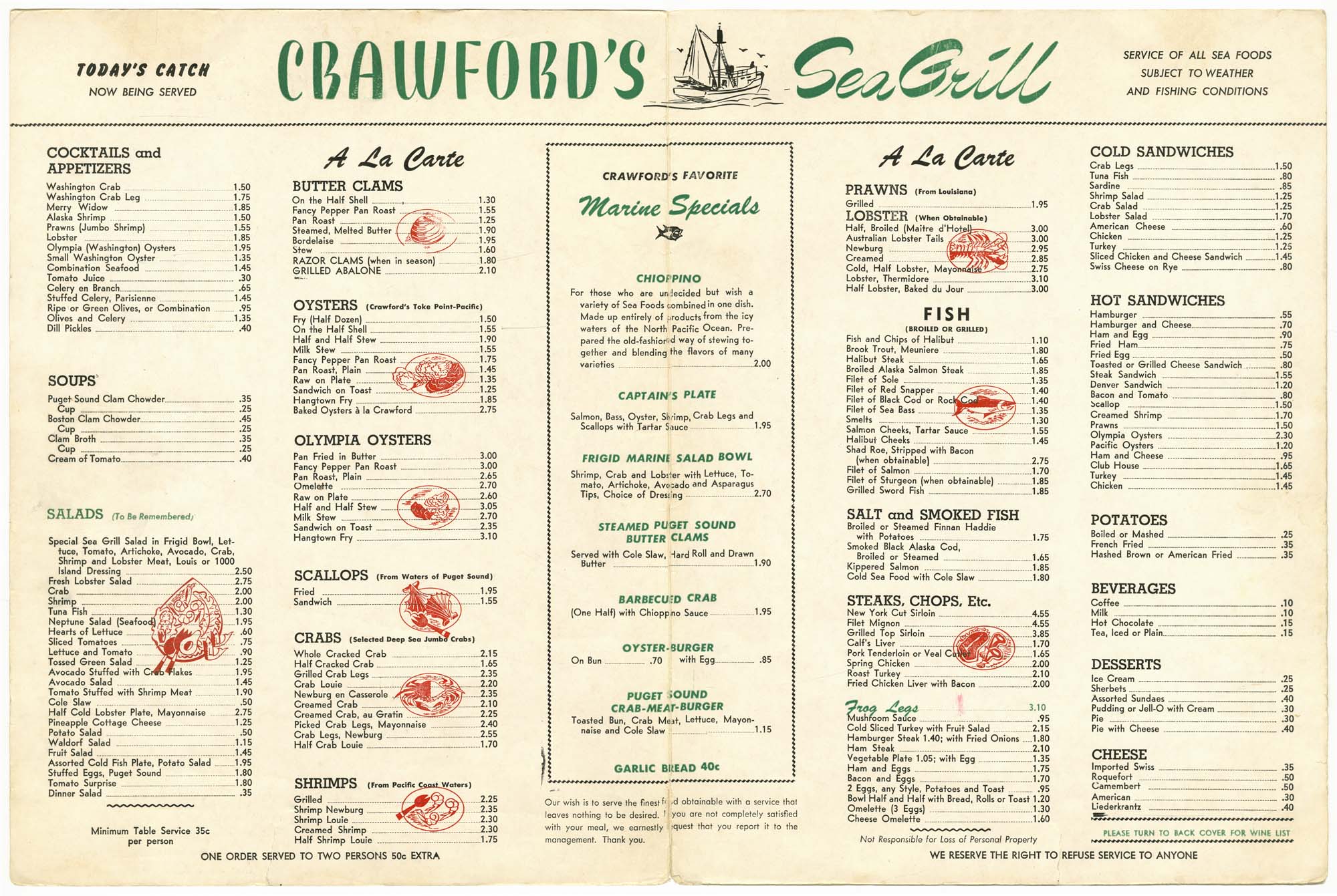 Image of Crawford's Sea Grill menu, circa 1965