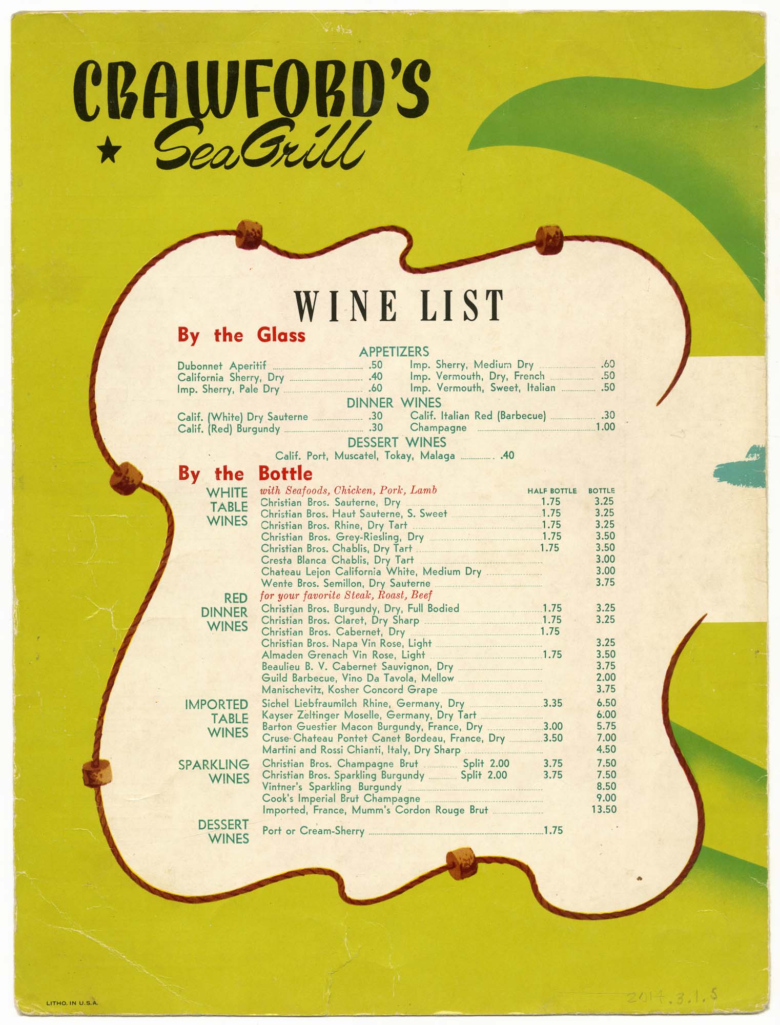 Image of Crawford's Sea Grill menu, circa 1965