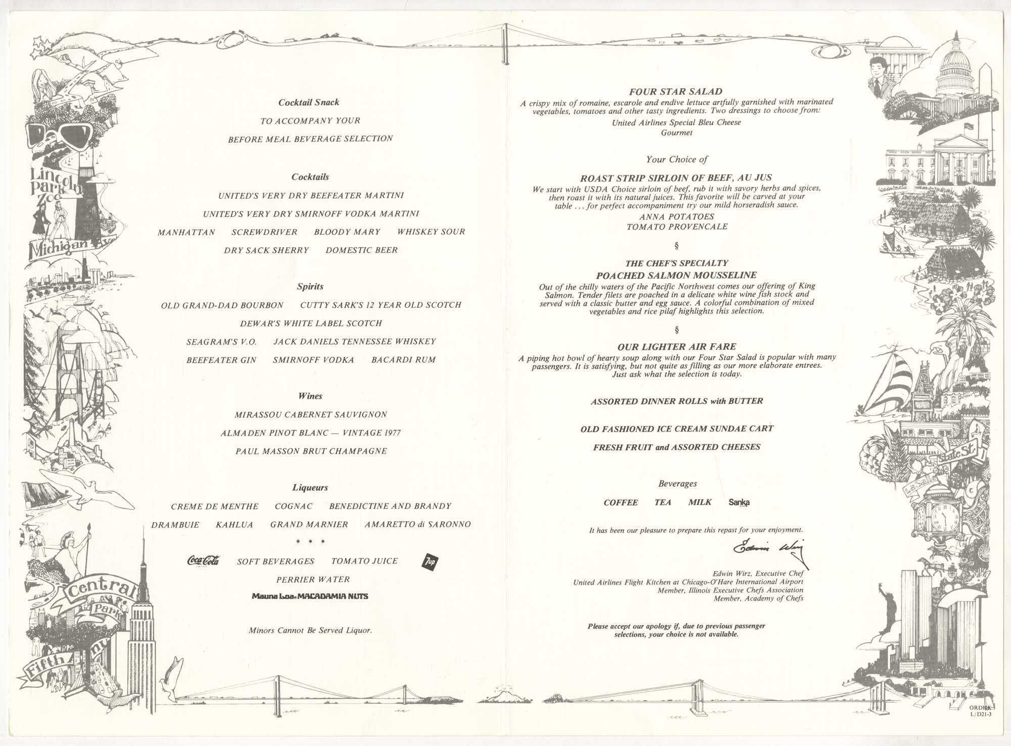 Image of United Airlines menu, circa 1980
