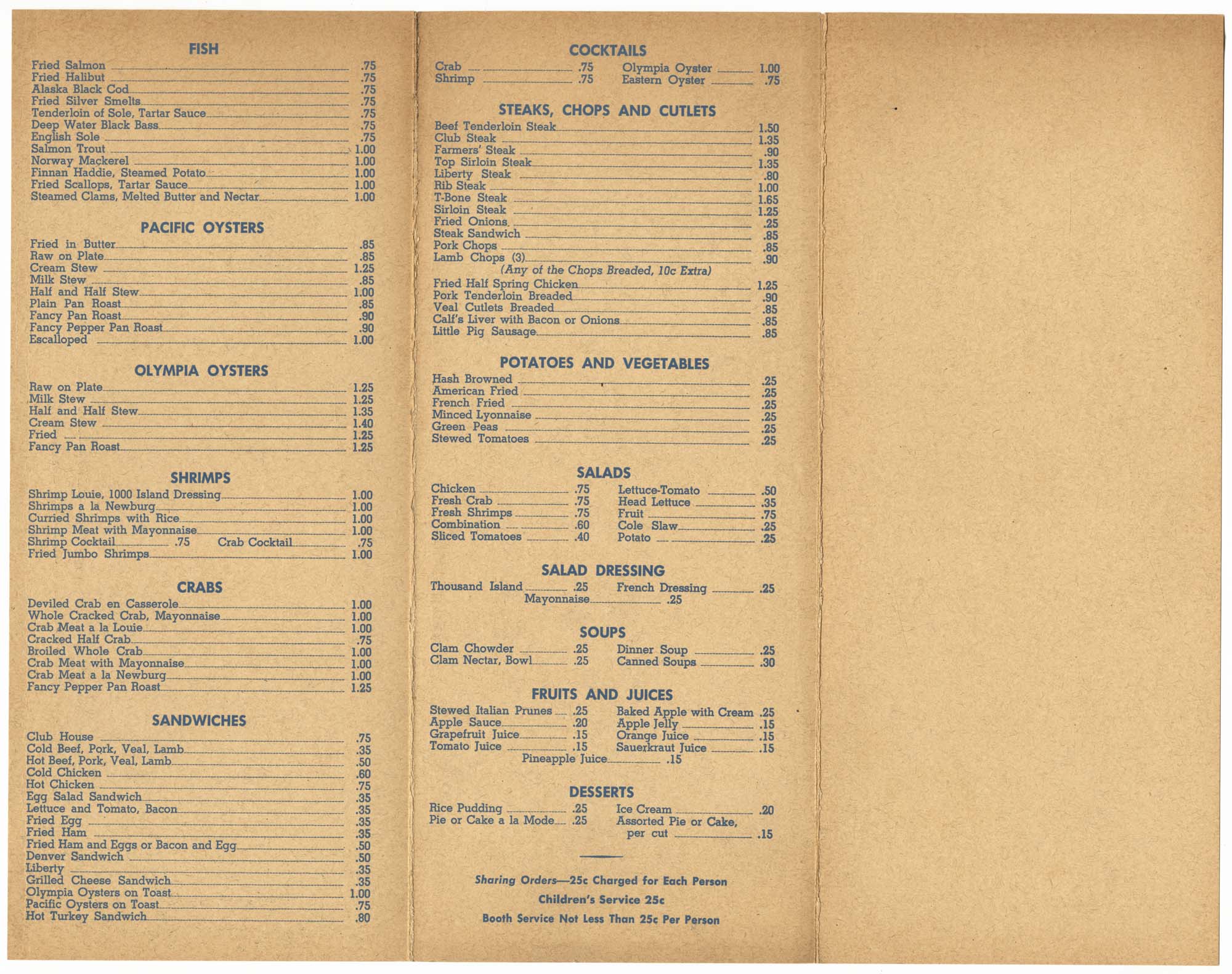 Image of Don's Oyster House menu, 1943