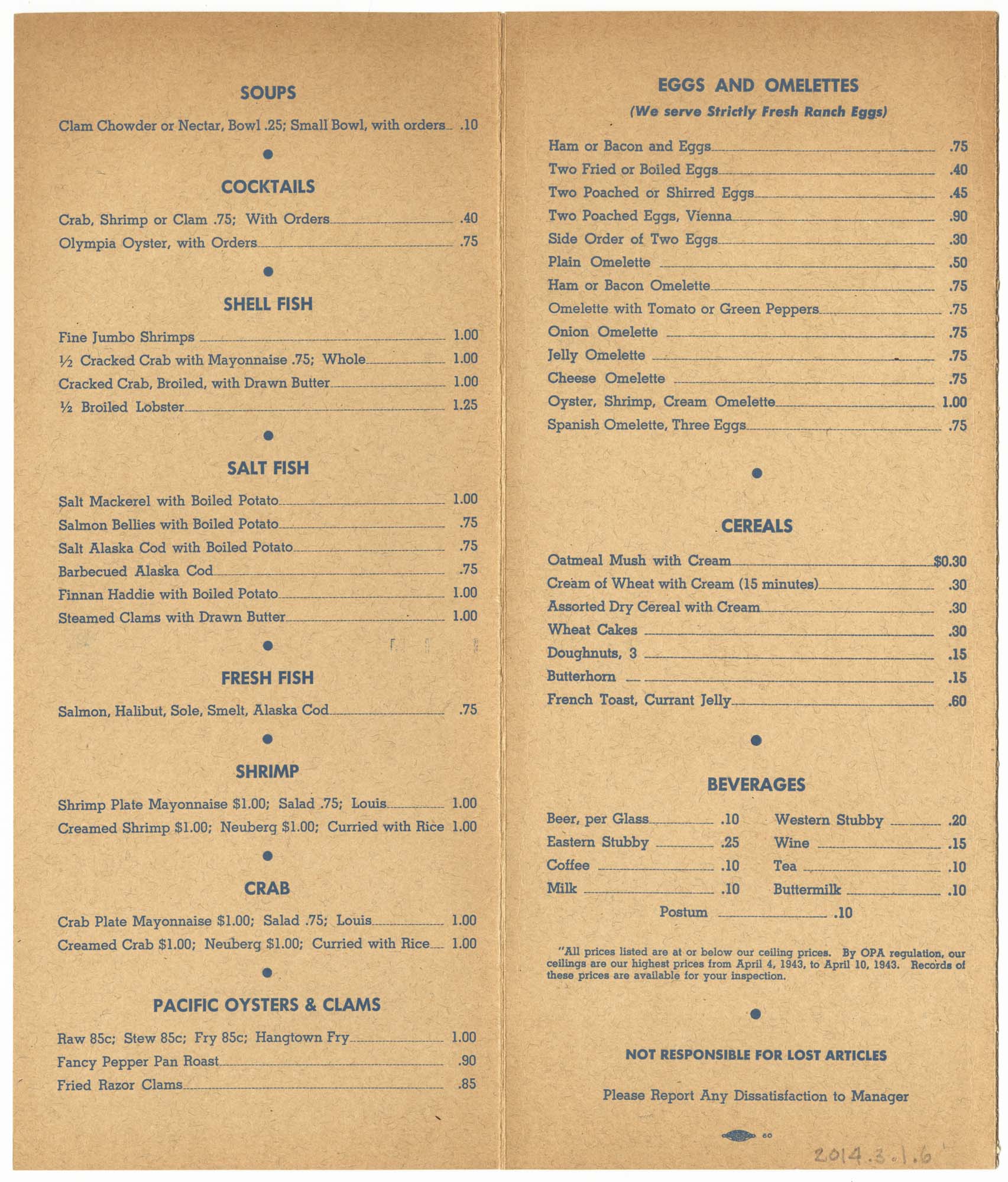 Image of Don's Oyster House menu, 1943