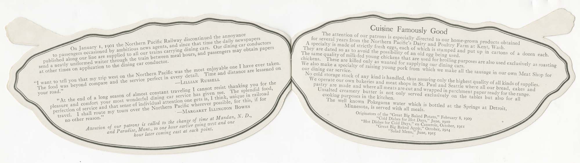 Image of Northern Pacific Railway, Yellowstone Park Line menu, circa 1910