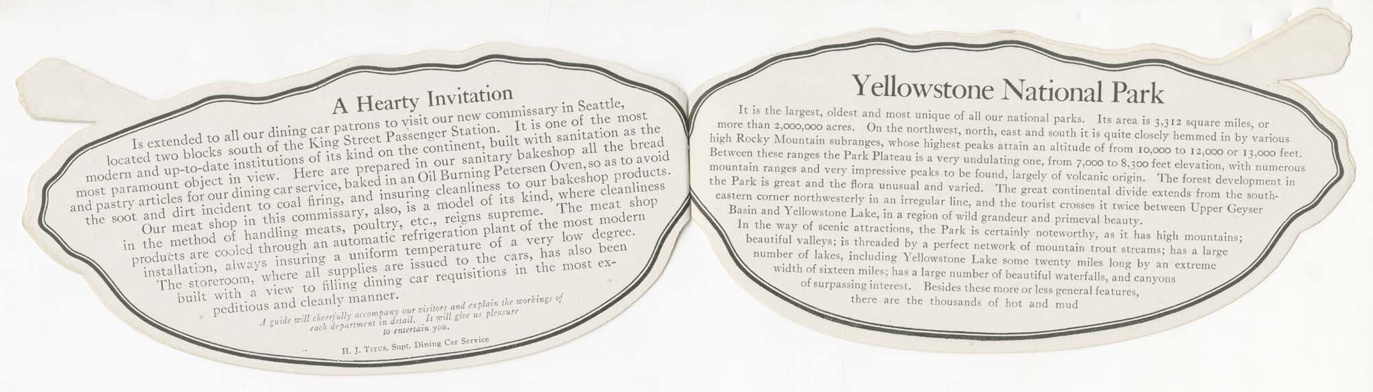 Image of Northern Pacific Railway, Yellowstone Park Line menu, circa 1910