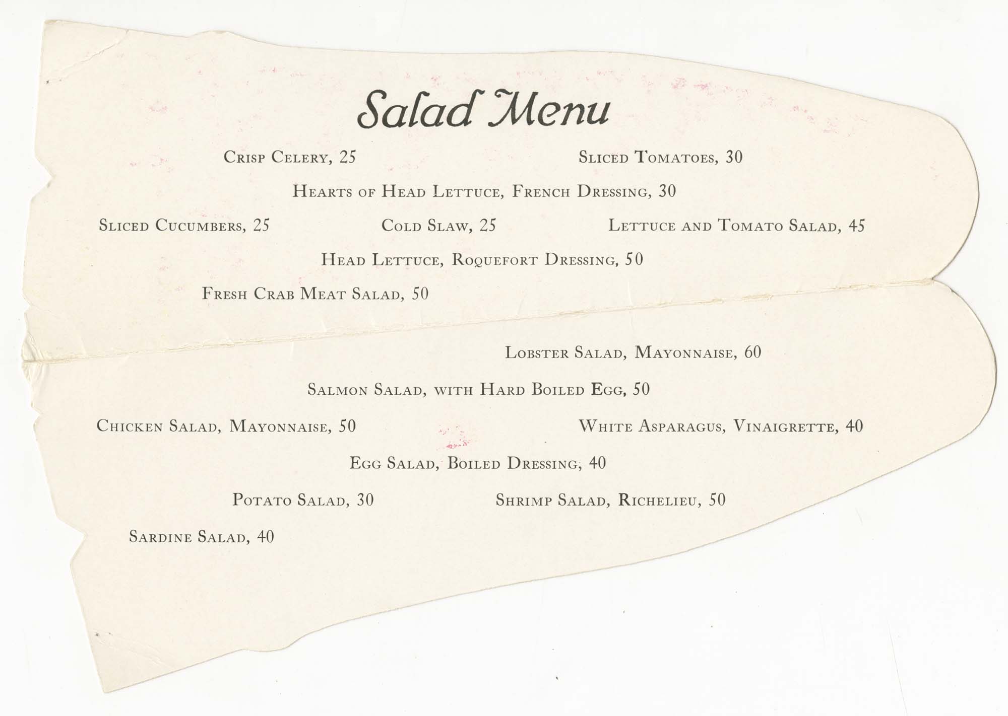 Image of Northern Pacific Railway, Yellowstone Park Line salad menu, circa 1920
