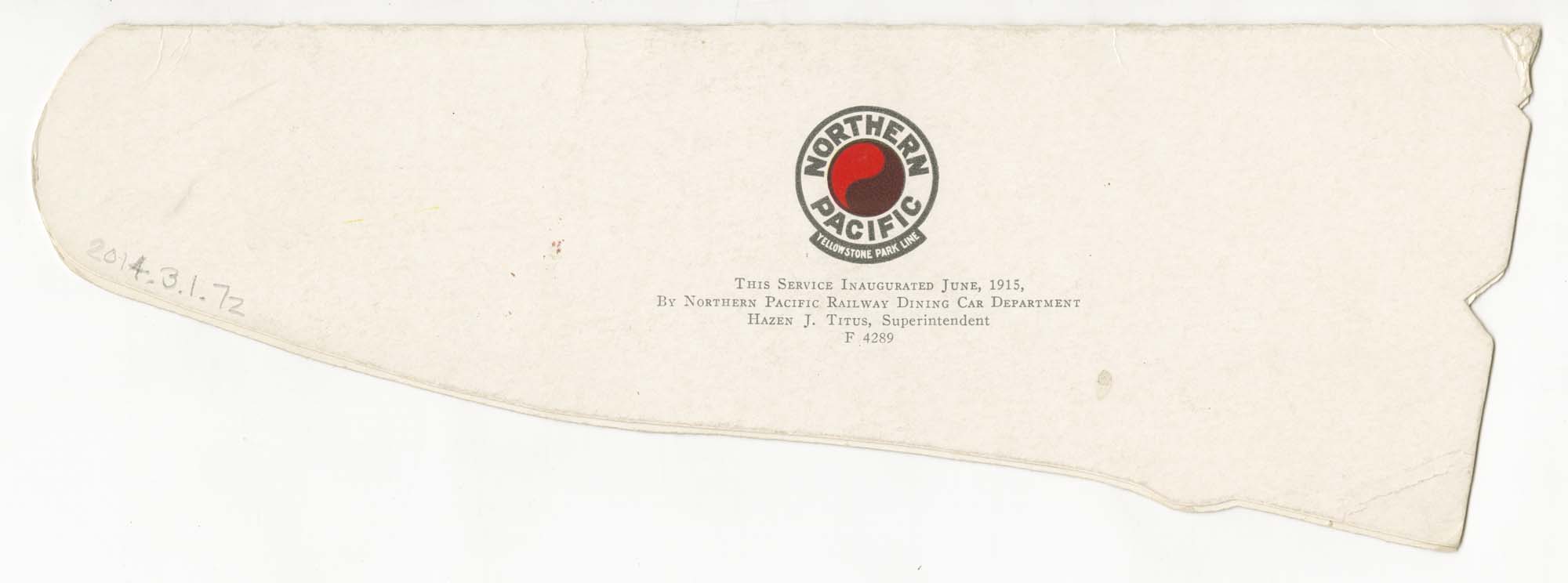 Image of Northern Pacific Railway, Yellowstone Park Line salad menu, circa 1920