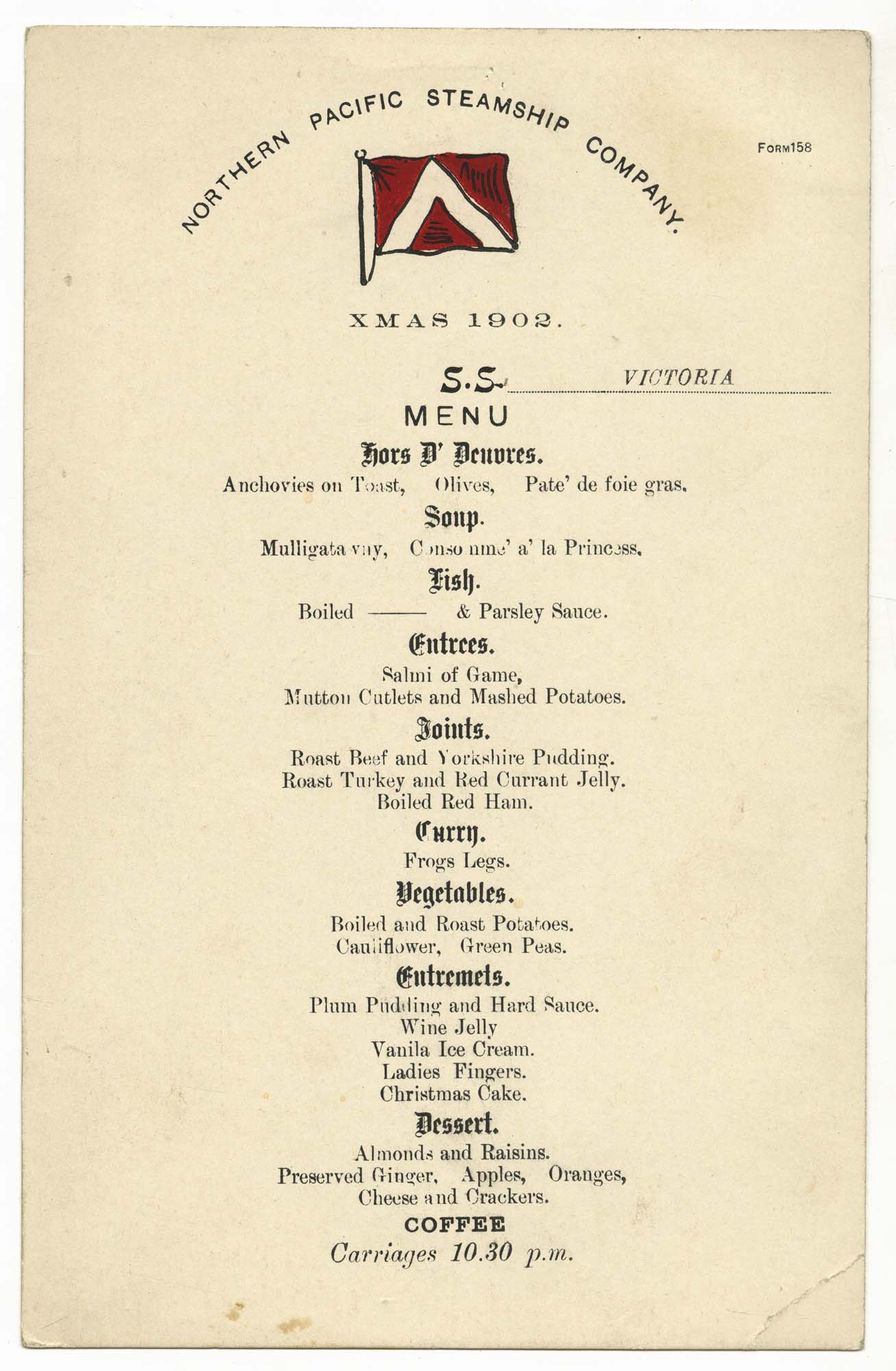 Image of Northern Pacific Steamship Company S.S. Victoria Christmas menu, 1902
