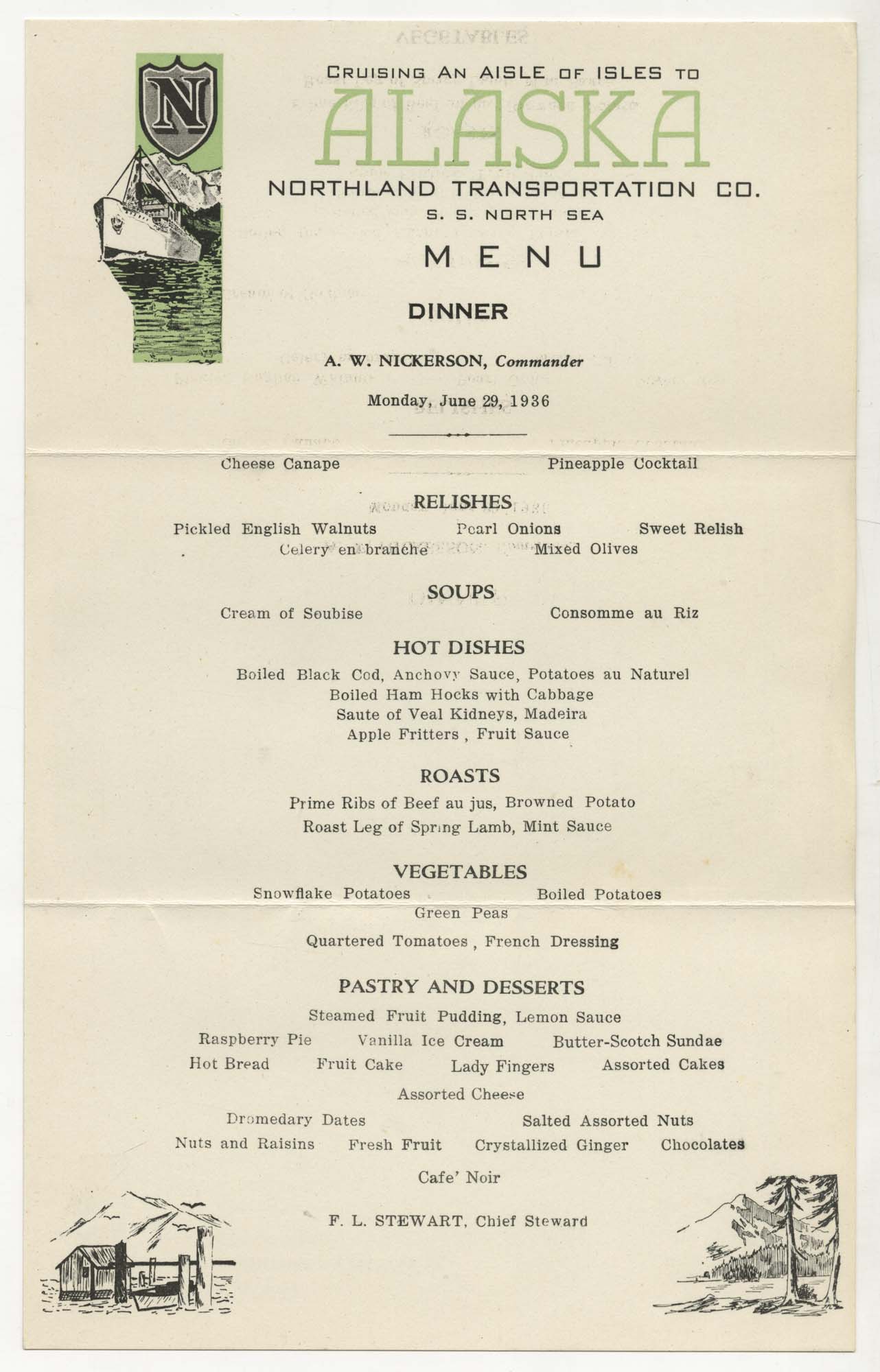 Image of S.S. North Sea menu, June 19, 1936
