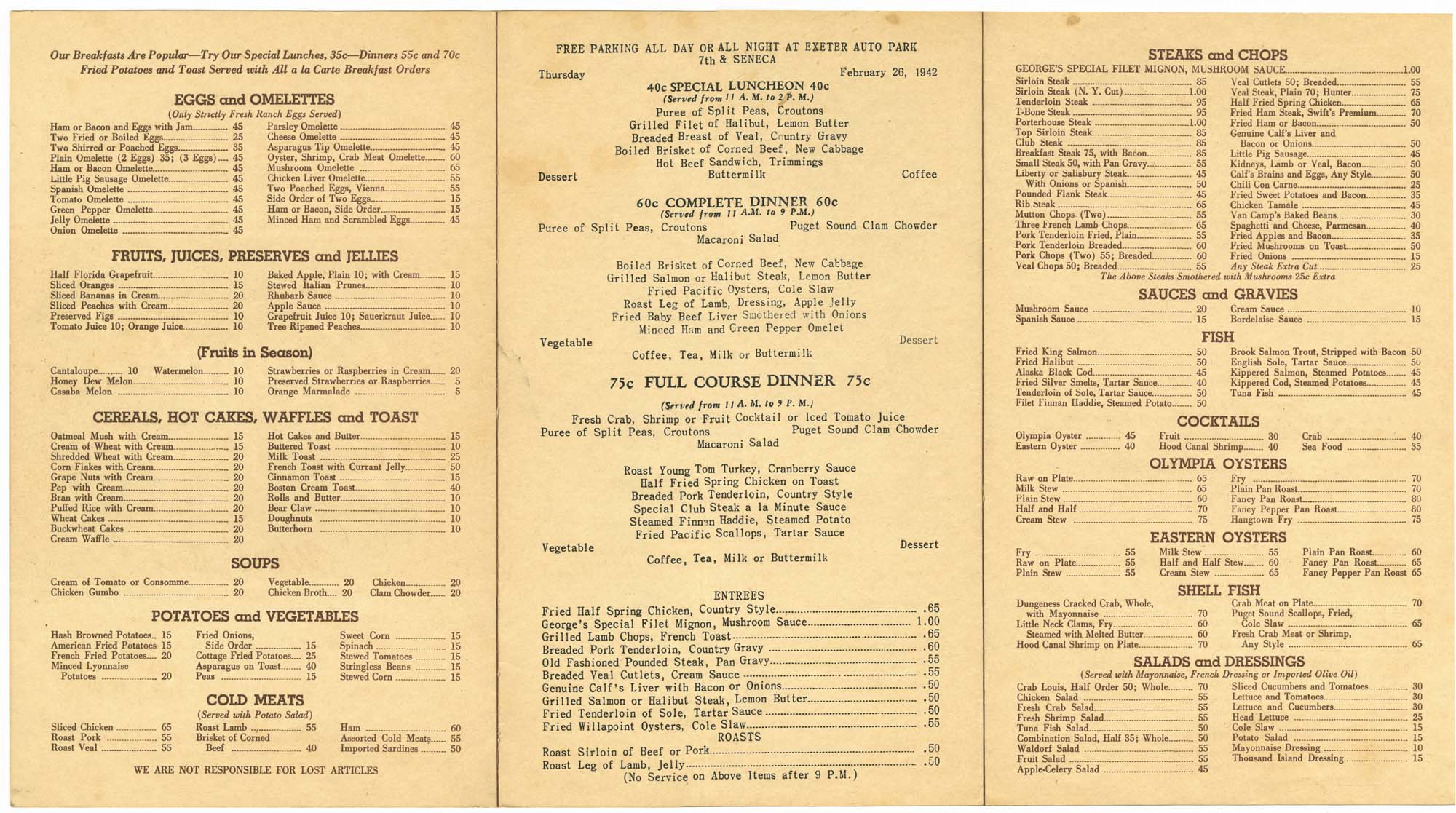 Image of George's Cafe menu, 1942