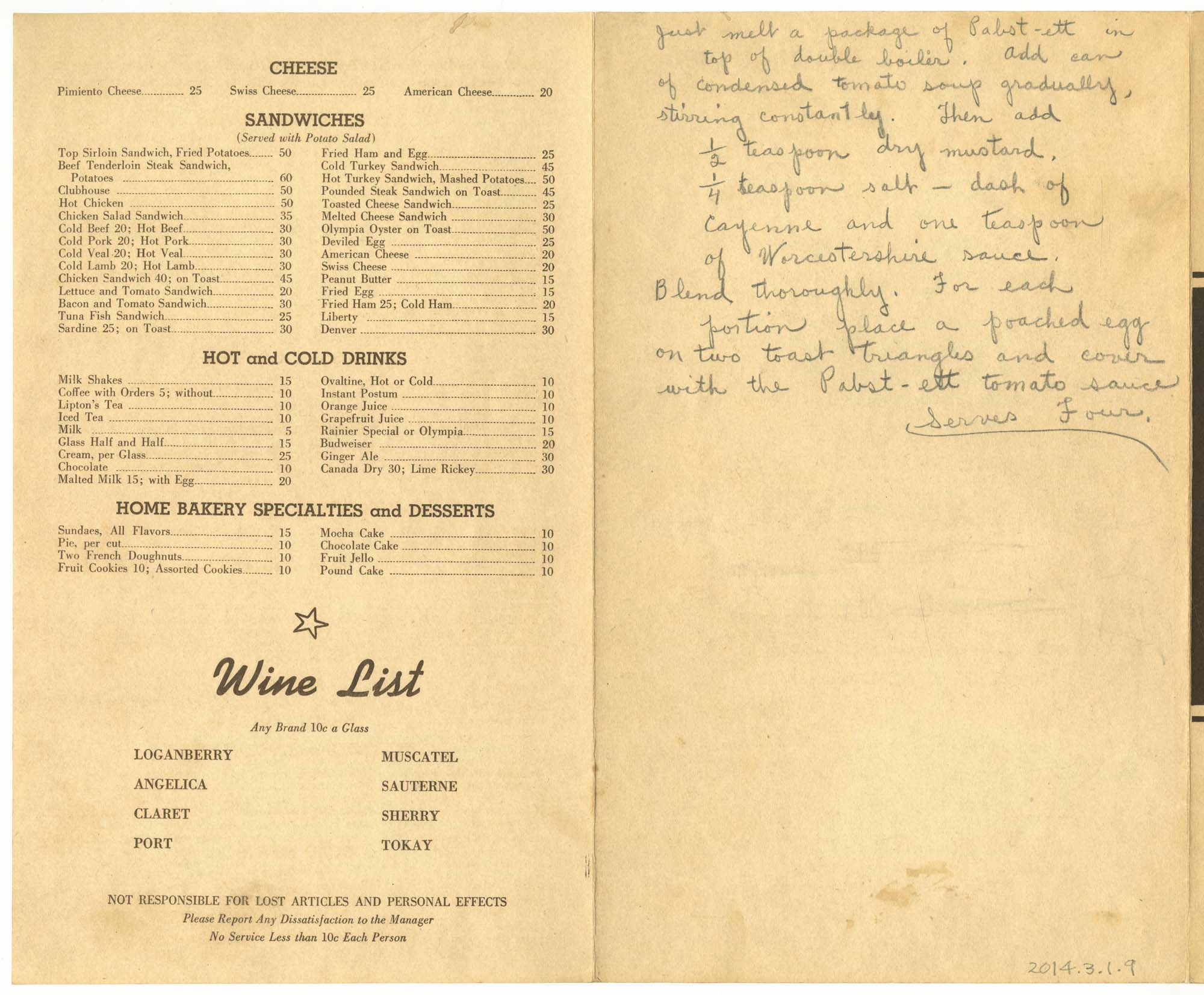 Image of George's Cafe menu, 1942