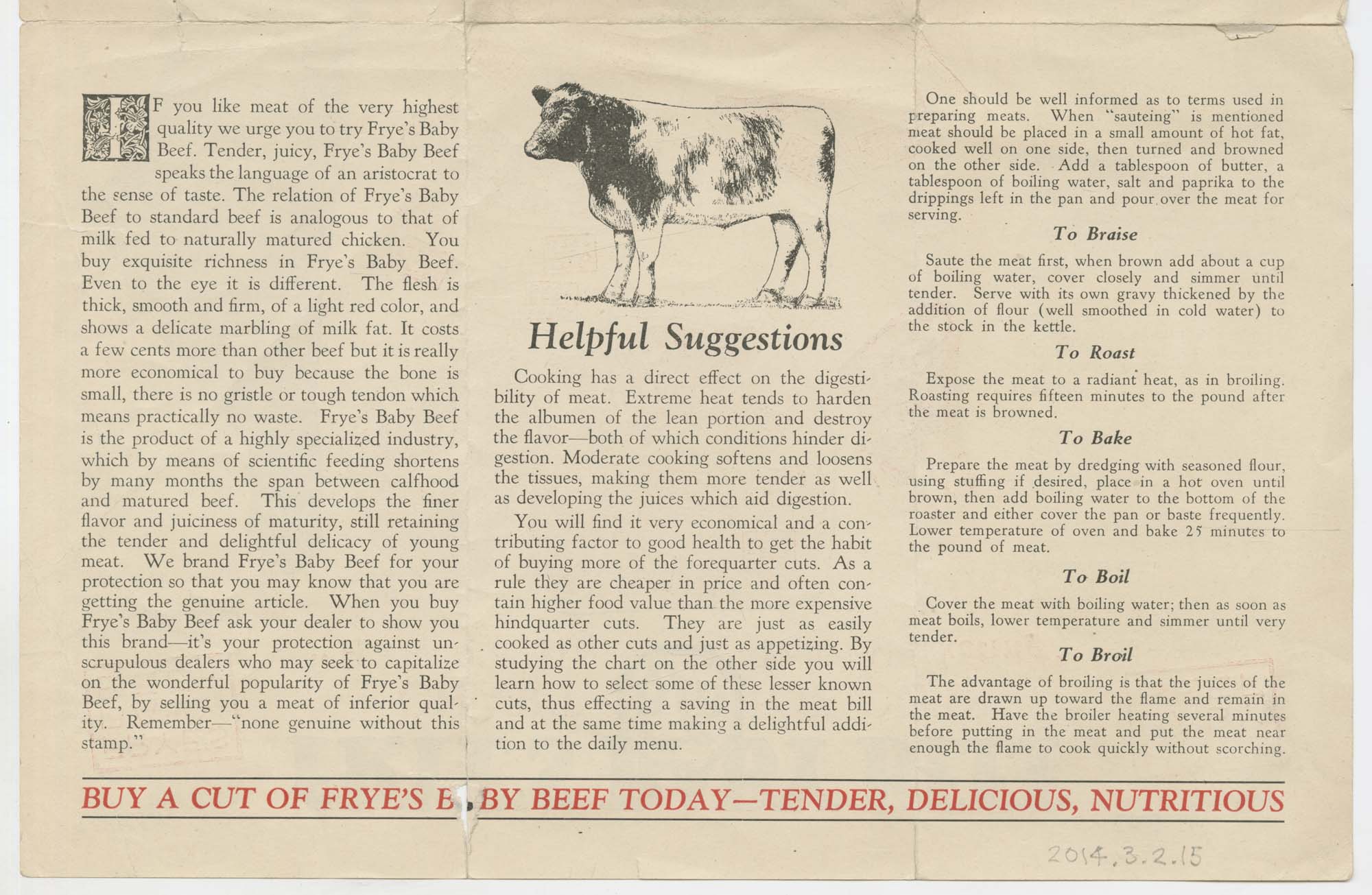 Image of Frye's Baby Beef Chart, circa 1925