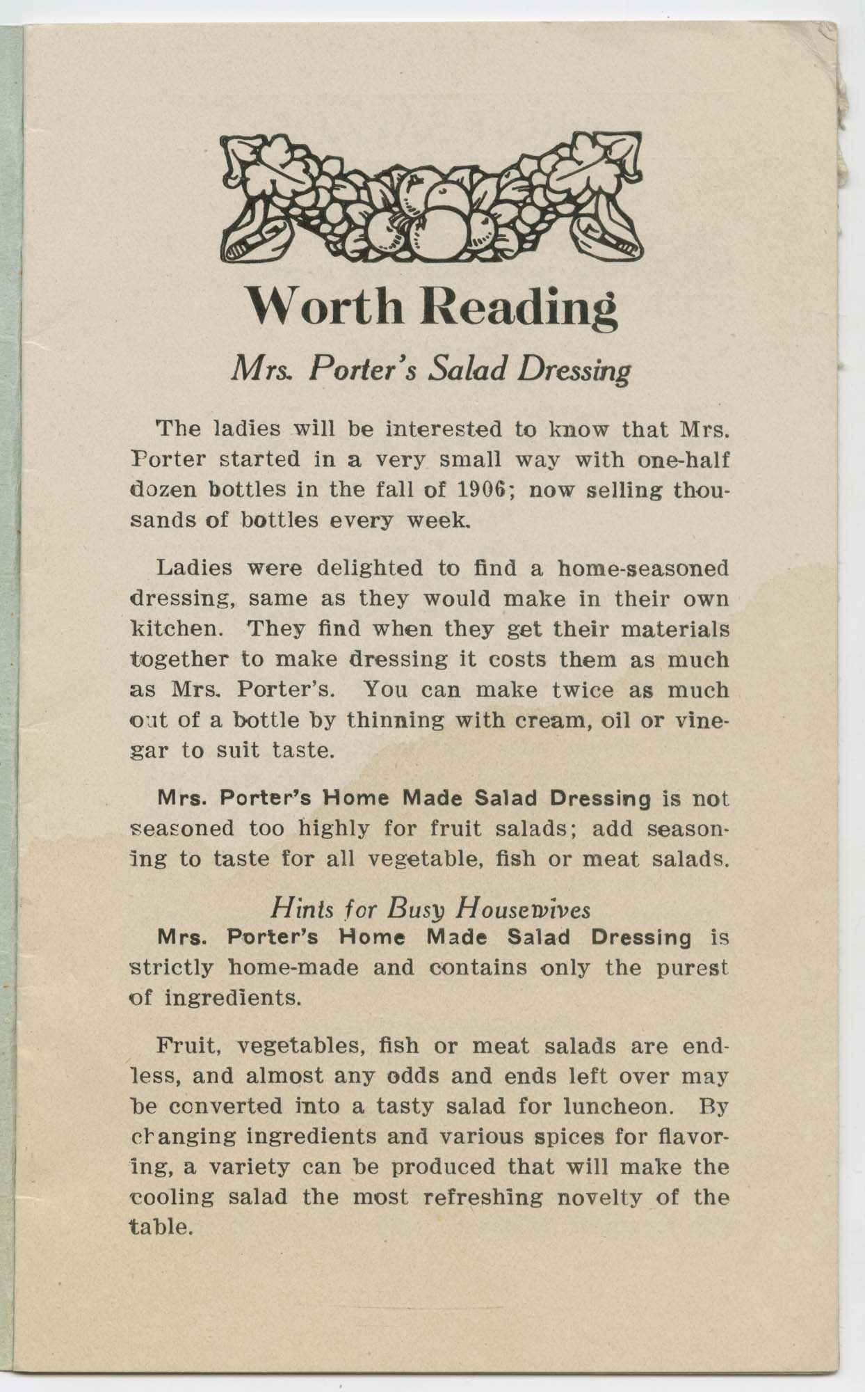 Image of Salads - Mrs. Porter's Salad Dressing, circa 1915