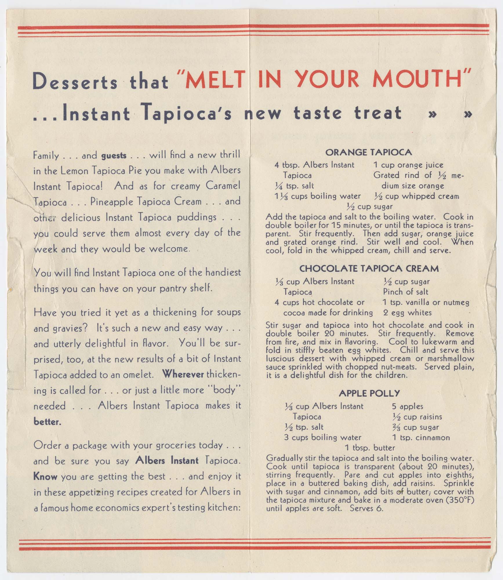 Image of Albers Instant Tapioca, the Delightful Quick Dessert, circa 1929