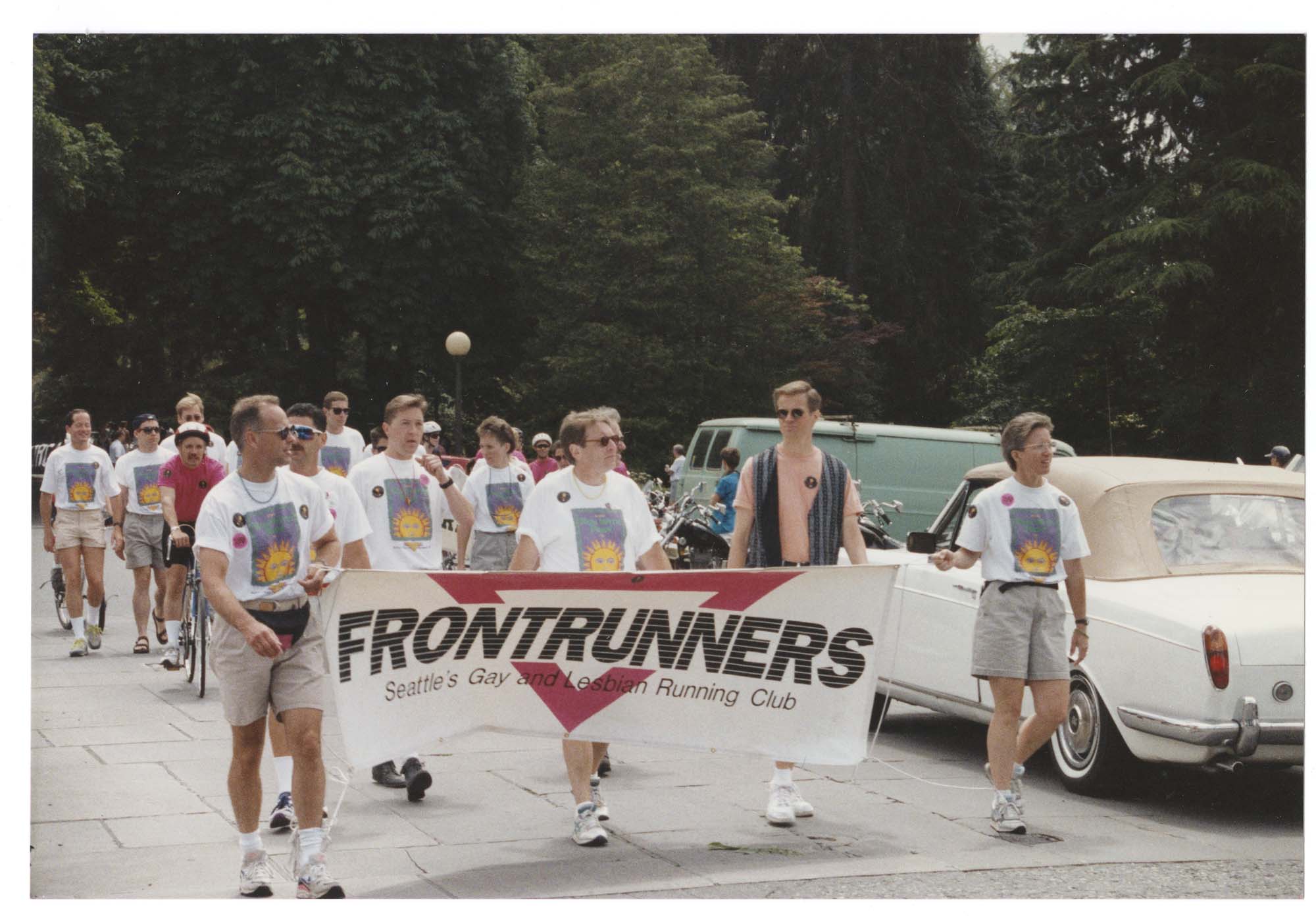 Image of Frontrunners Gay and Lesbian Running Club marching in Pride parade, Seattle, 1993