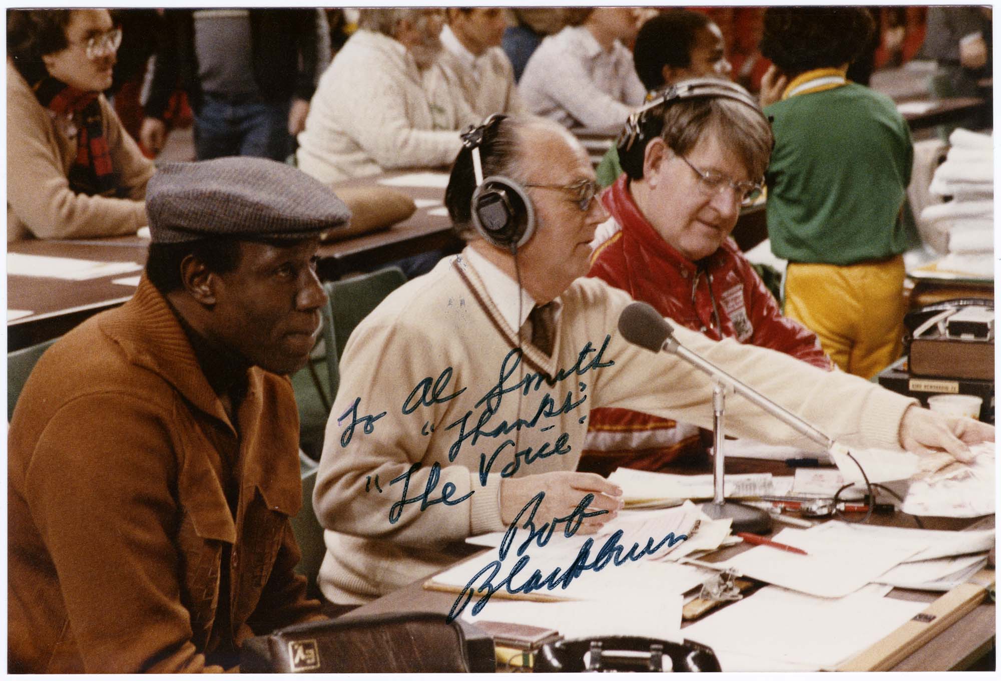 Image of Bob Hopkins and Rob Blackburn during a Sonics games, circa 1983
