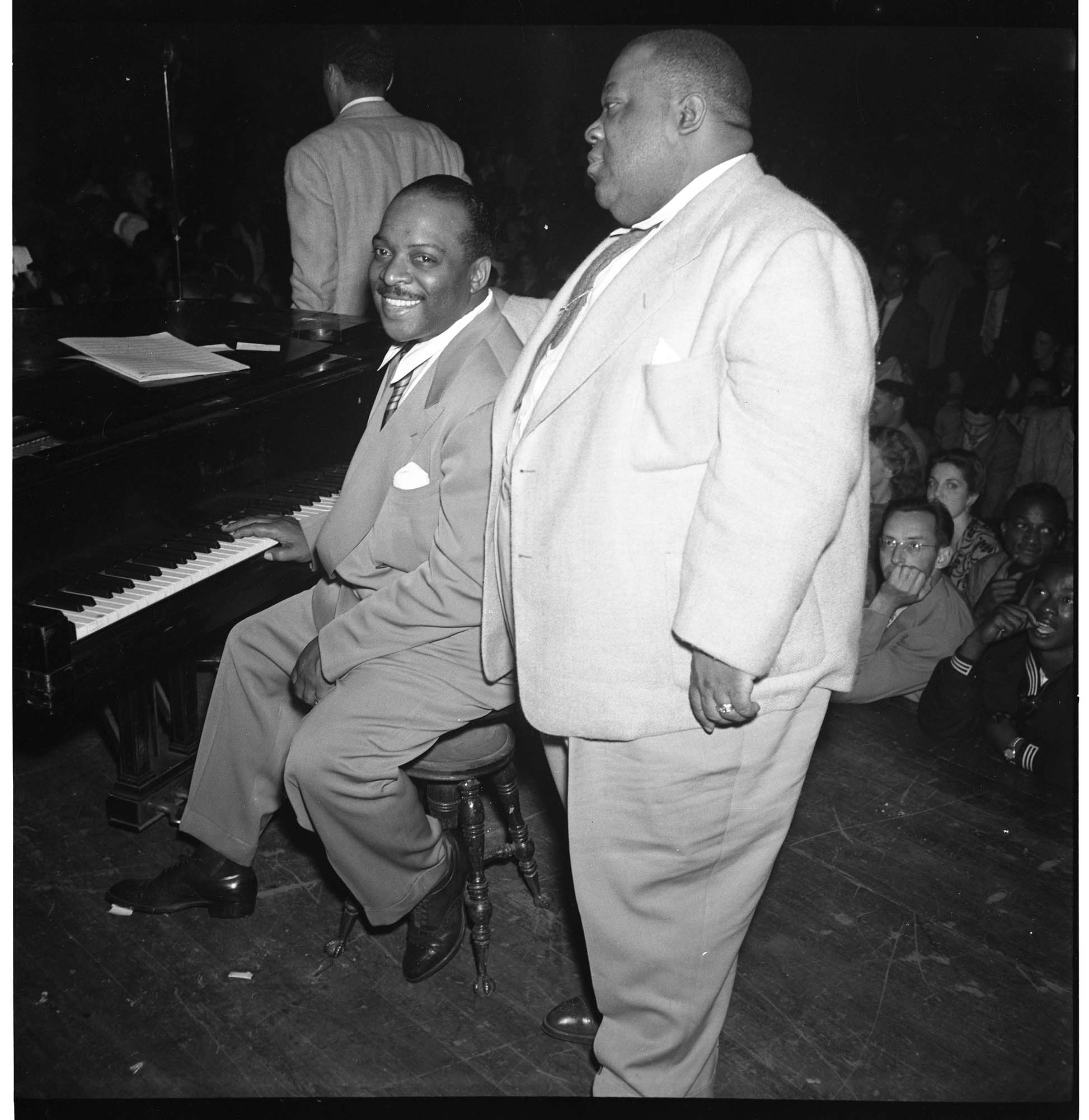 Image of Count Basie and Jimmy Rushing on stage at the Civic Auditorium, Seattle, circa 1946