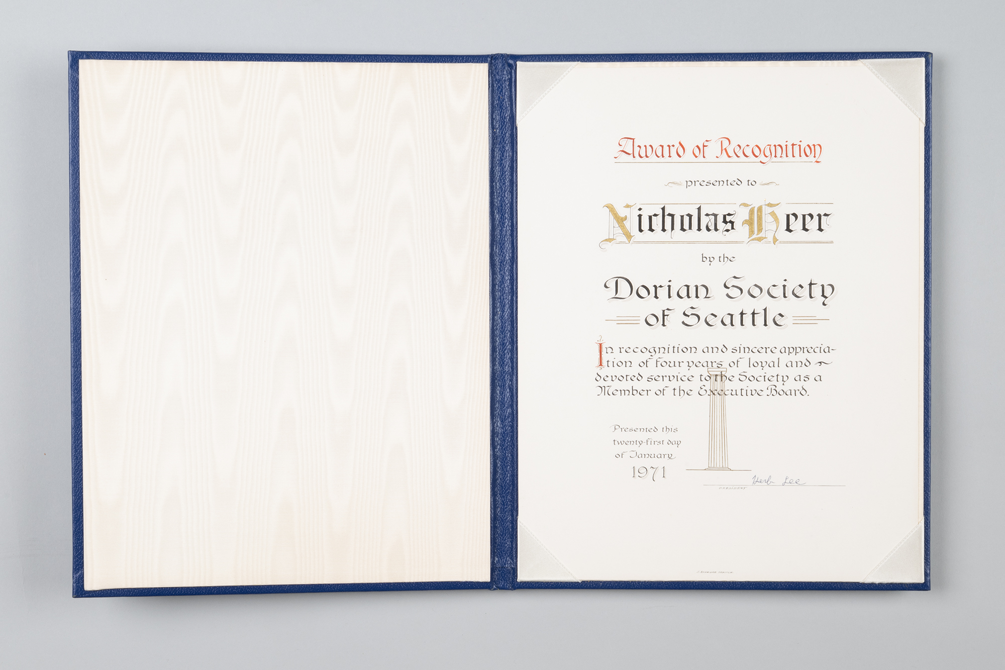Image of Award of Recognition Certificate presented to President Nicholas Heer for his service to the Dorian Society, 1971