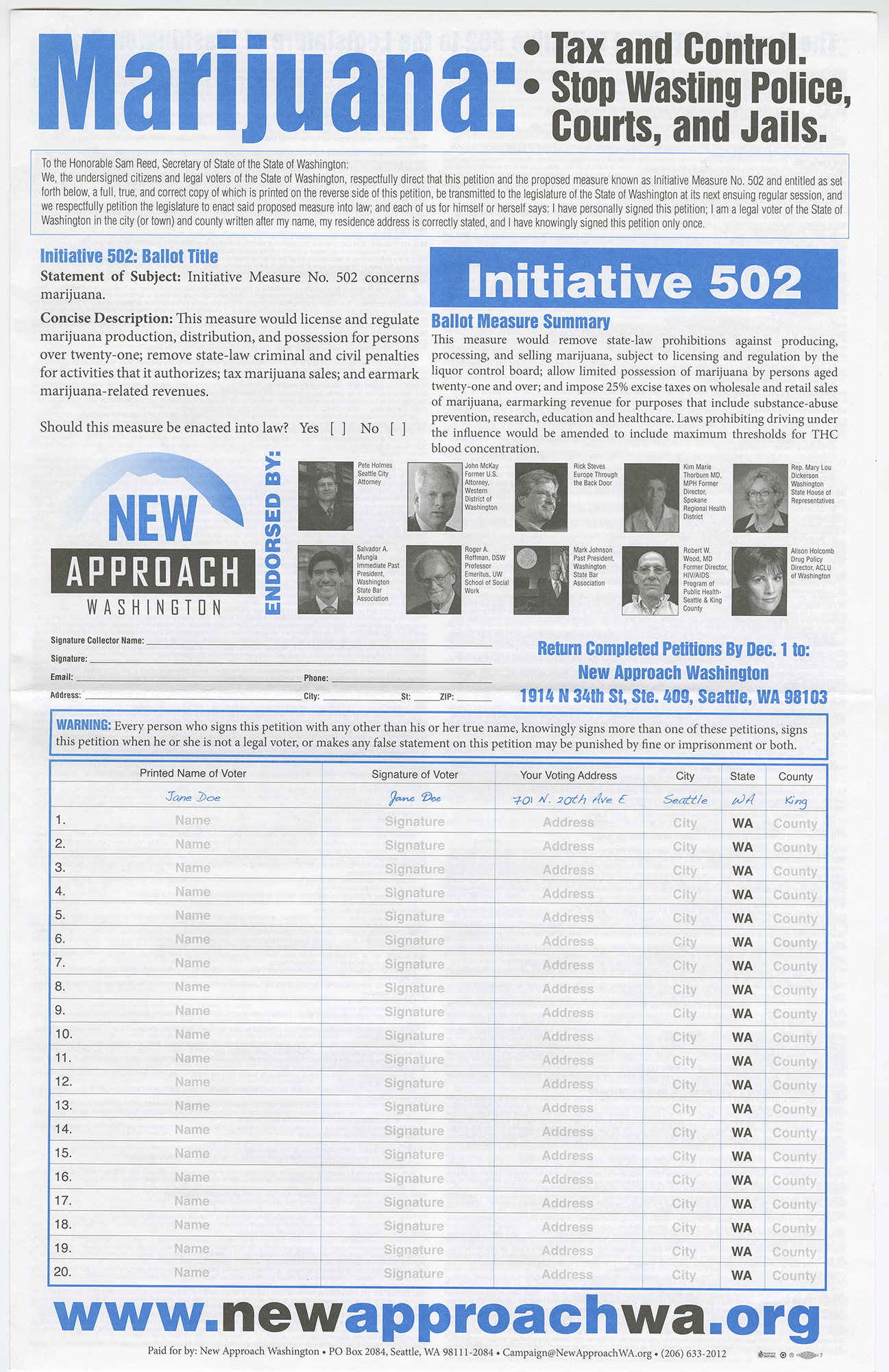 Image of Signature petition for Initiative 502: Marijuana: Tax and Control, 2012