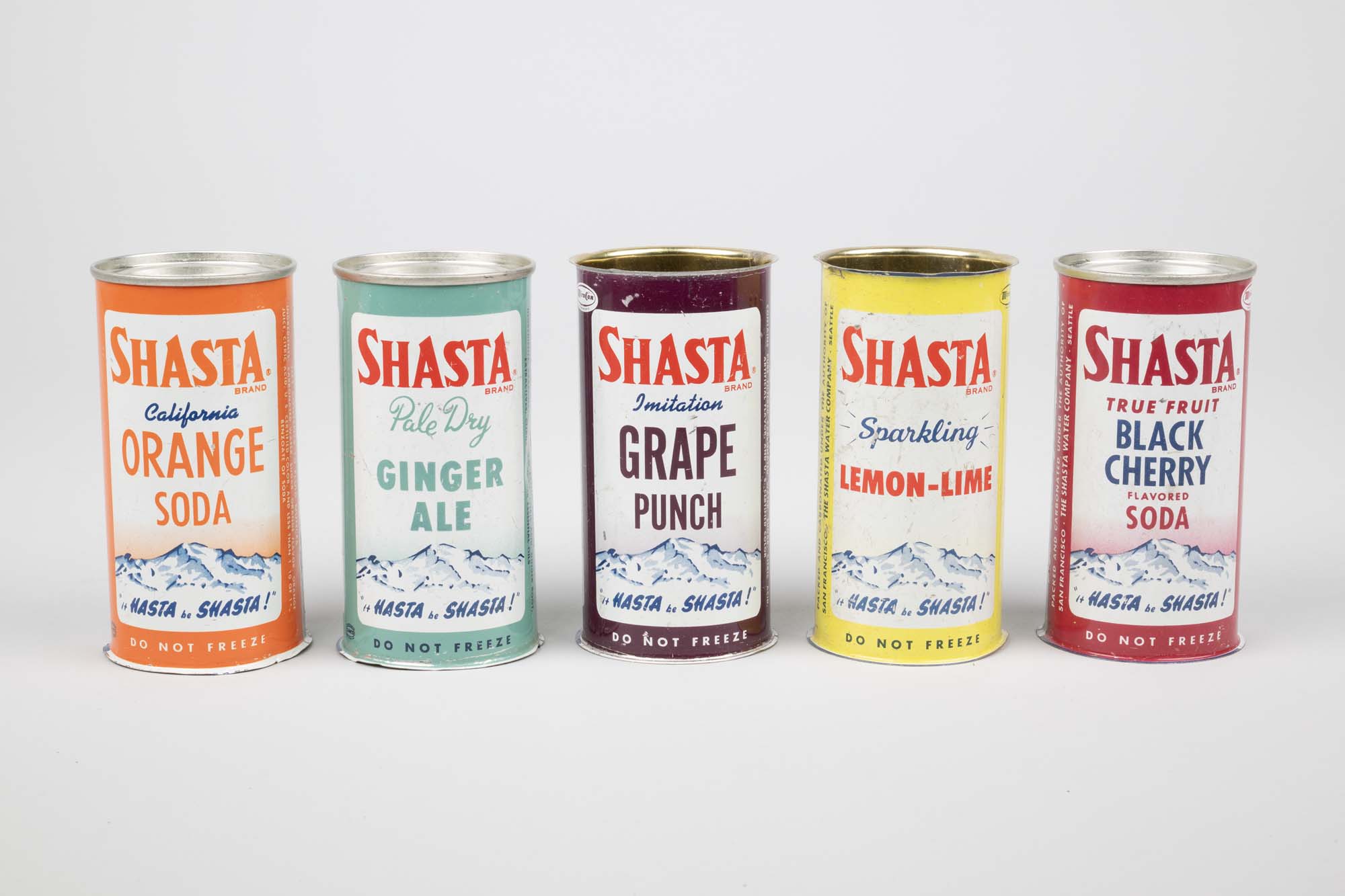 Image of Collection of five Shasta soda cans from the Boeing Wind Tunnel, ca. 1950s