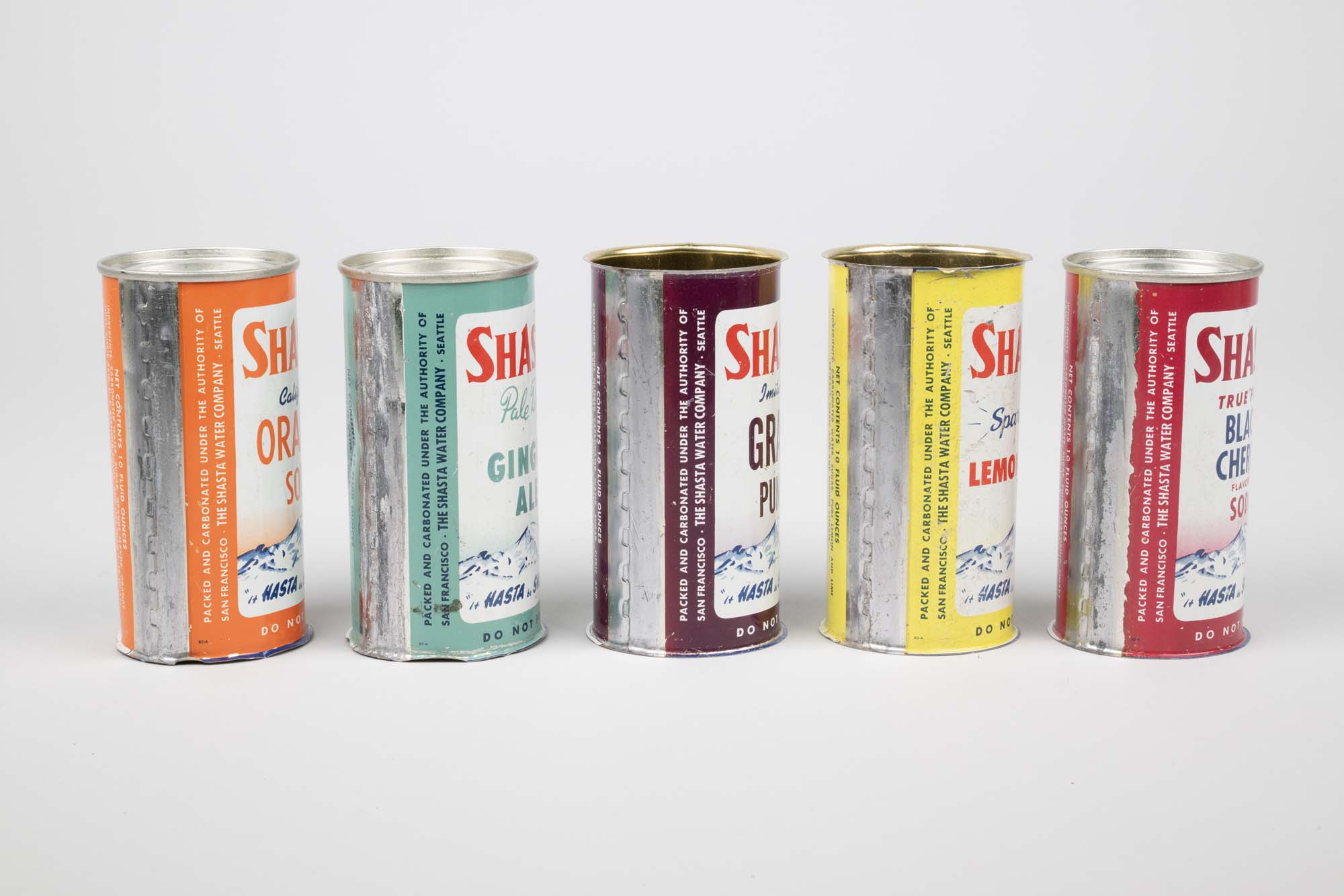 Image of Collection of five Shasta soda cans from the Boeing Wind Tunnel, ca. 1950s