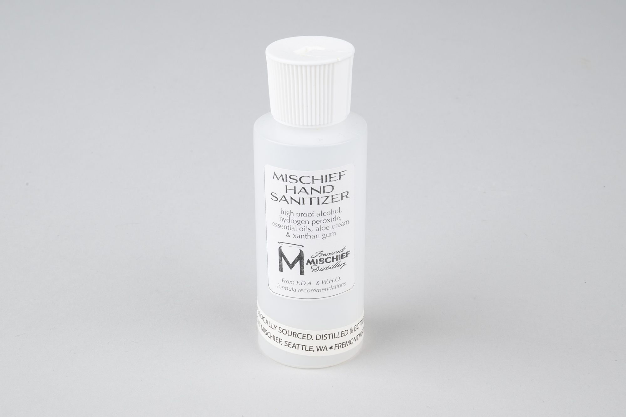 Image of Plastic bottle of hand sanitizer from Fremont Mischief Distillery, 2020