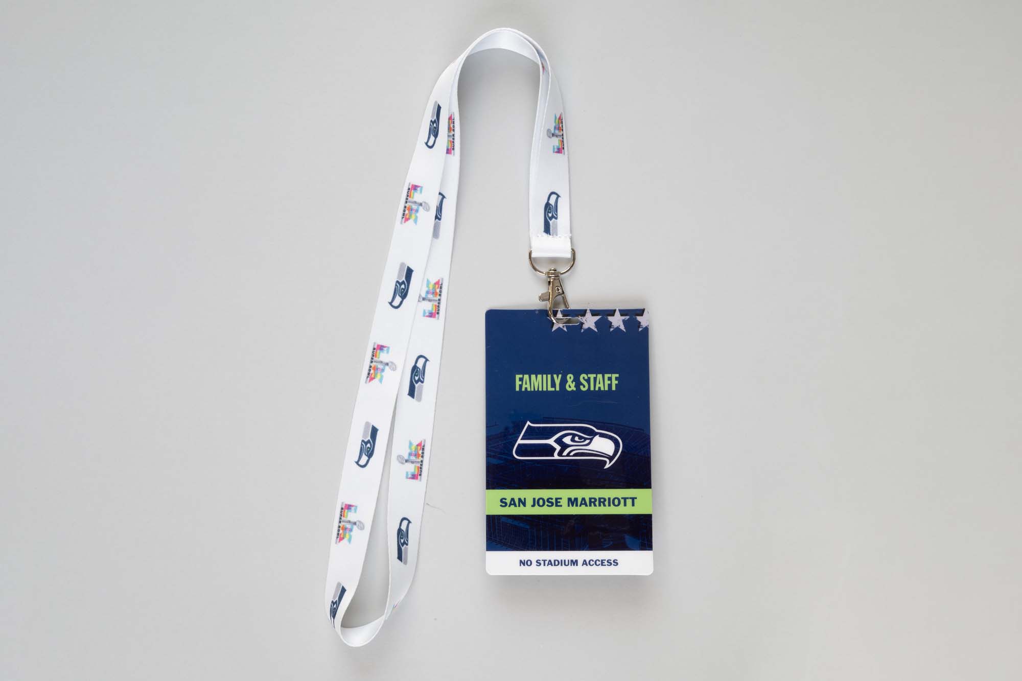 Image of Super Bowl LX San Jose Marriott pass for member of the Seattle Seahawks Ring of Honor club, 2026